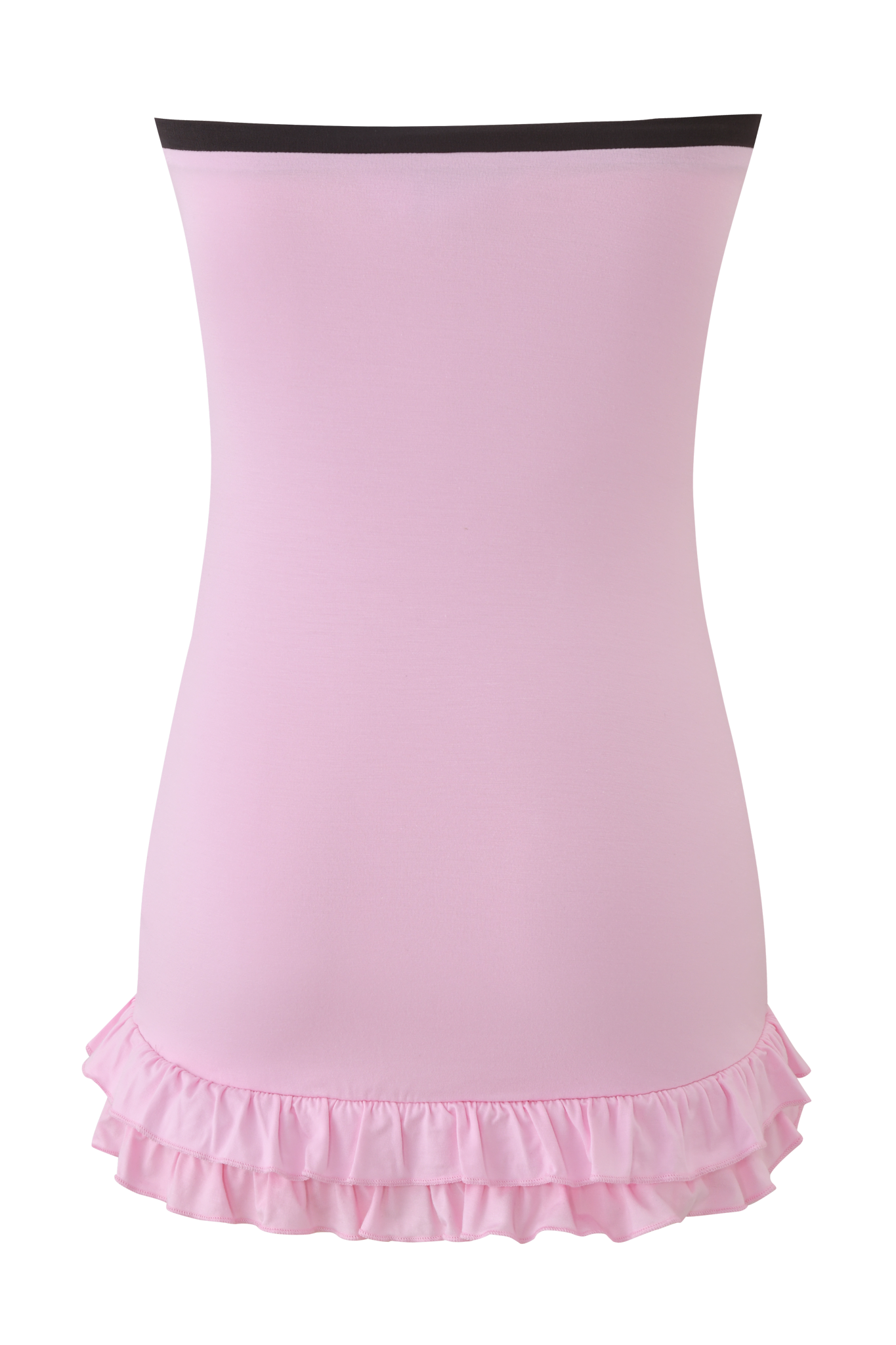 The MICHELLE MINI DRESS by I.AM.GIA in baby pink is a smooth, bodycon dress with a black top band and ruffled trim at the bottom hem.