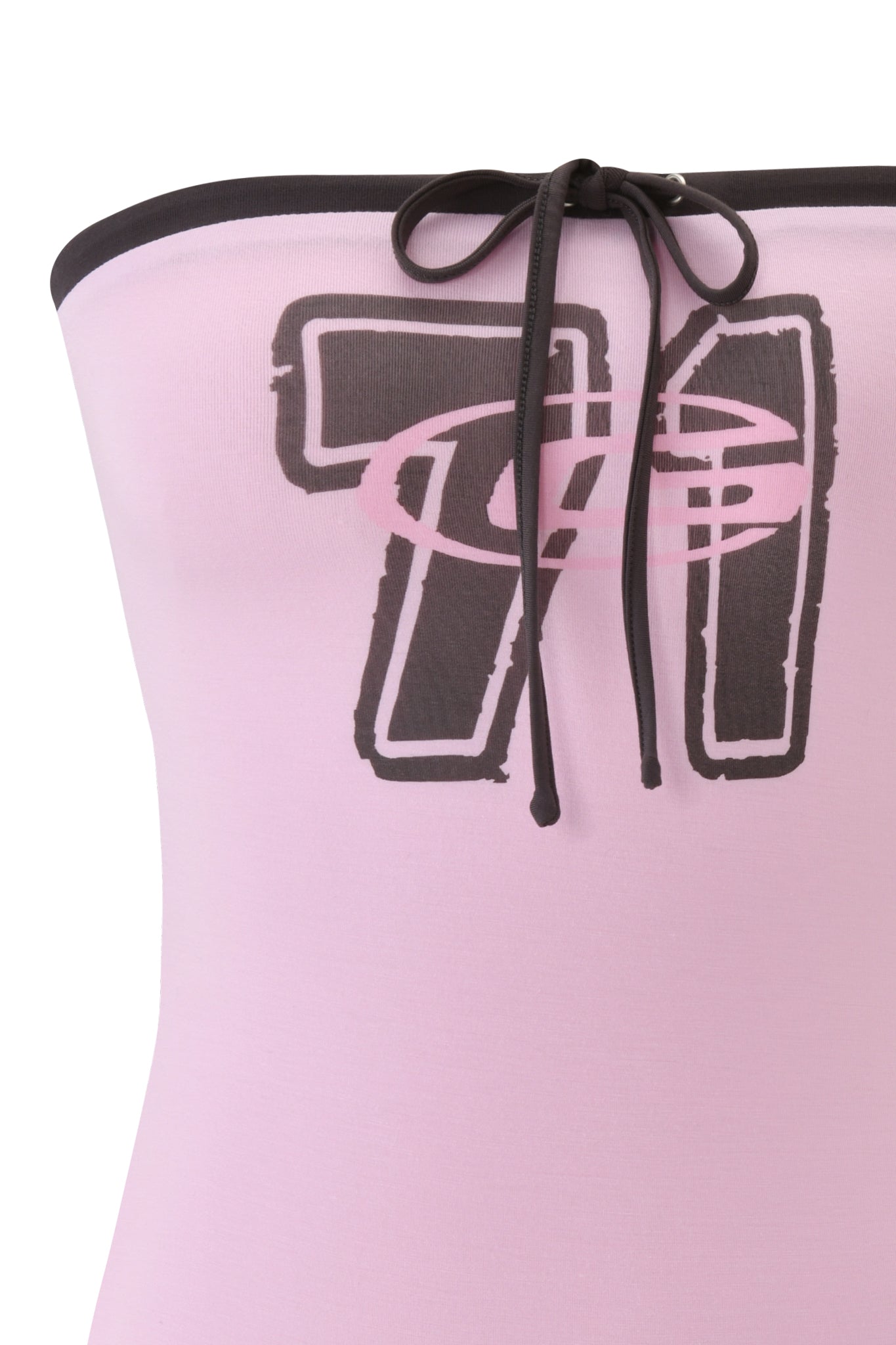 The MICHELLE MINI DRESS by I.AM.GIA is a baby pink, strapless bodycon dress with black trim and string tie at the neckline, featuring a bold "71" in black outline and a stylized pink graphic overlay.