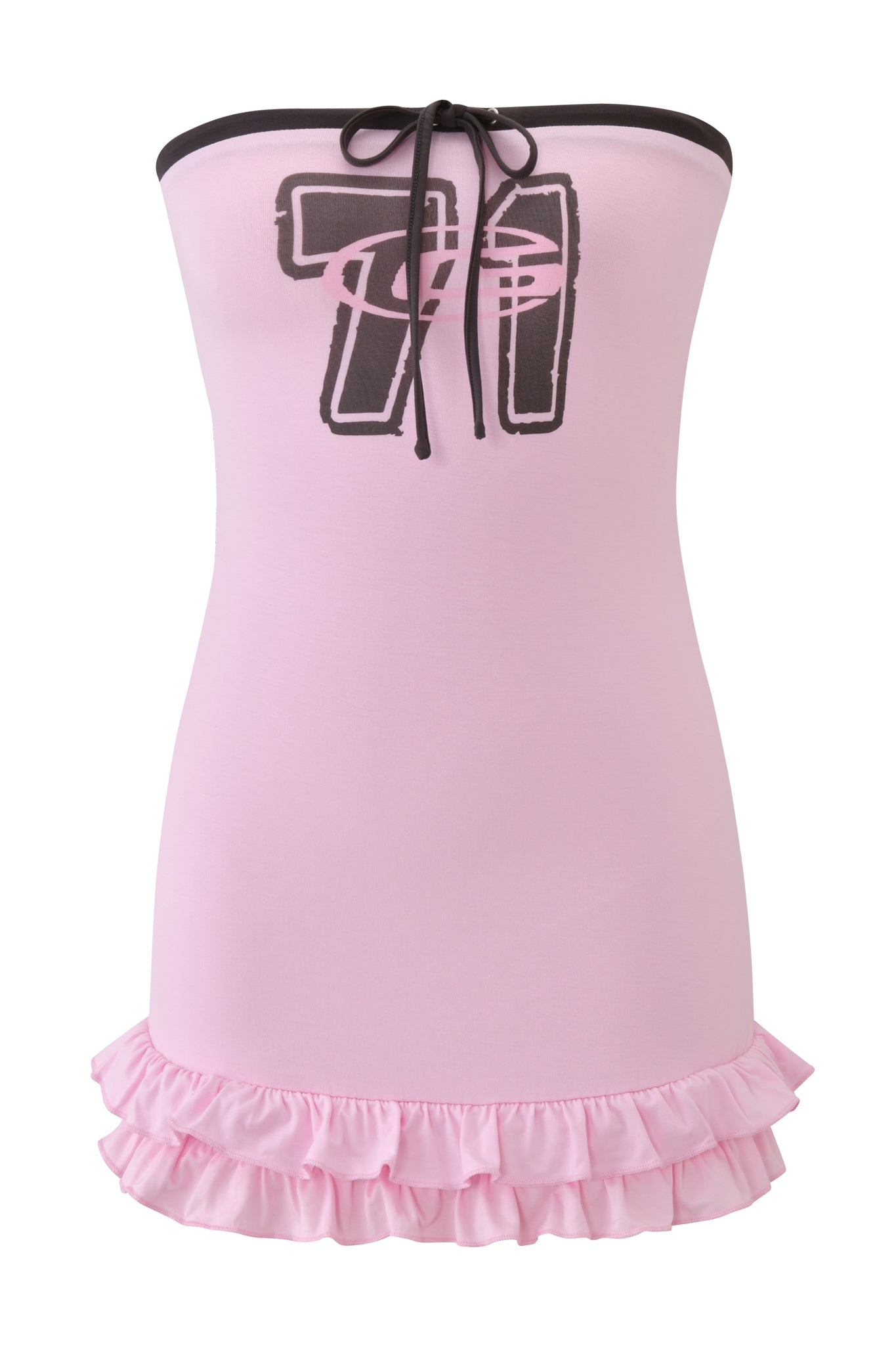 The MICHELLE MINI DRESS - BABY PINK by I.AM.GIA is a strapless bamboo jersey mini dress in light pink, featuring a black "71" chest graphic, black top tie, and double-layered ruffled hem.
