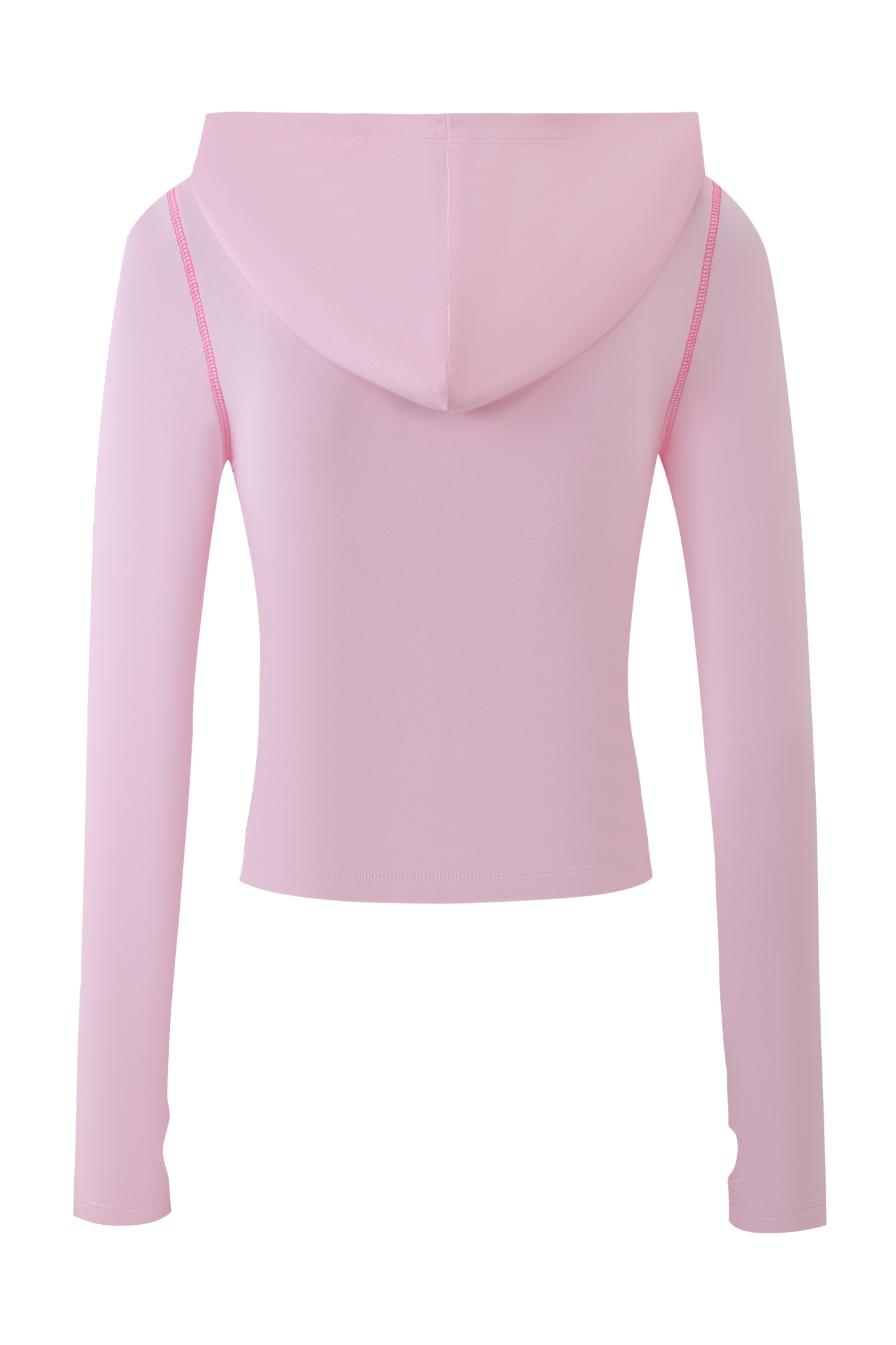 The I.AM.GIA FAFI BLARE HOODIE in baby pink is a long-sleeved, hooded bodysuit with a body-con fit and visible stitching on the shoulders and arms, shown from the back.