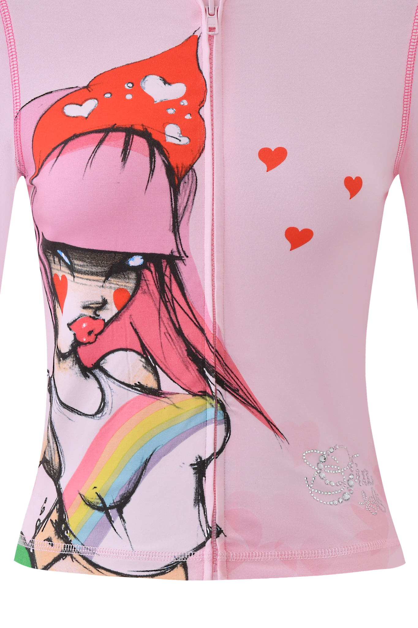 The I.AM.GIA FAFI BLARE HOODIE in baby pink features a body-con fit, zip-up front, a stylized girl with pink hair and heart motifs, rainbow accents, scattered red hearts, and a sparkly logo in the corner.