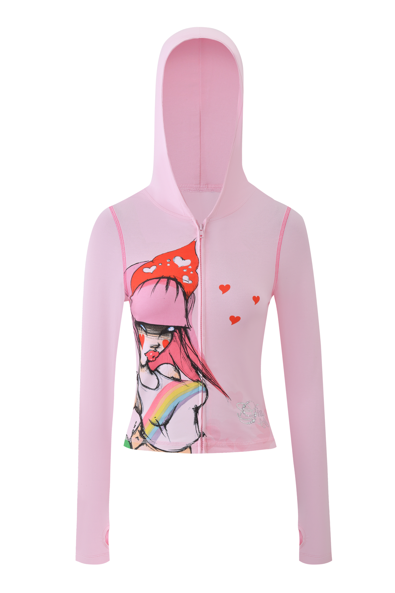 The I.AM.GIA FAFI BLARE HOODIE - BABY PINK features a hood and a playful front graphic of an illustrated girl in a pink cap, rainbow, and red hearts, inspired by the FAFI collaboration.