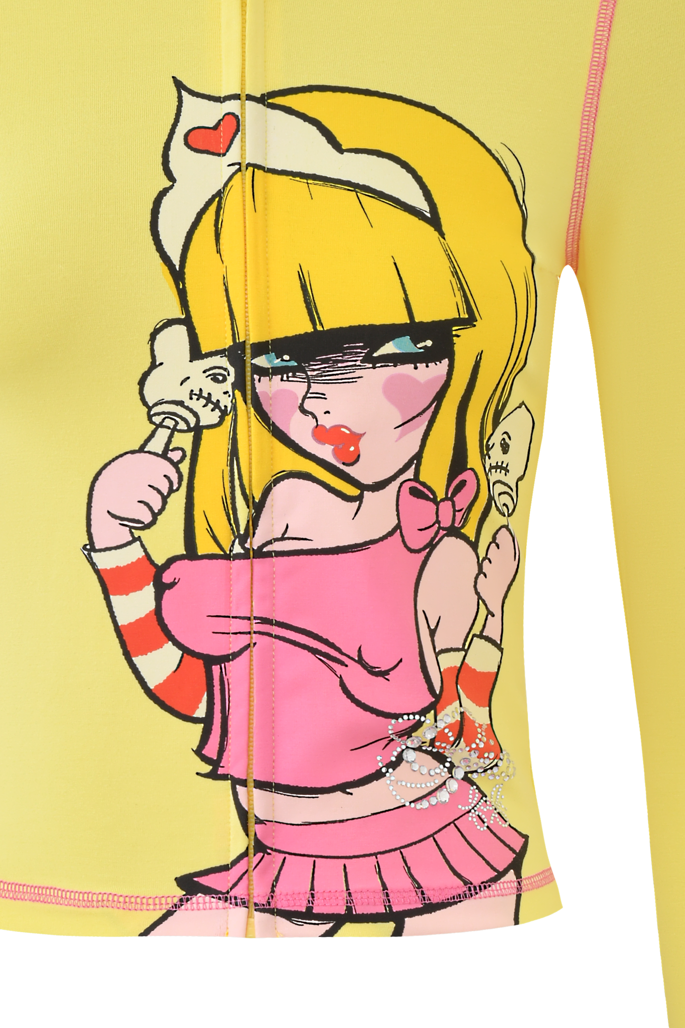 Cartoon-style blonde girl with bold makeup, nurse hat, pink outfit, and skull-shaped popsicles set against yellow fabric featuring exclusive I.AM.GIA print—FAFI BLARE HOODIE by I.AM.GIA.