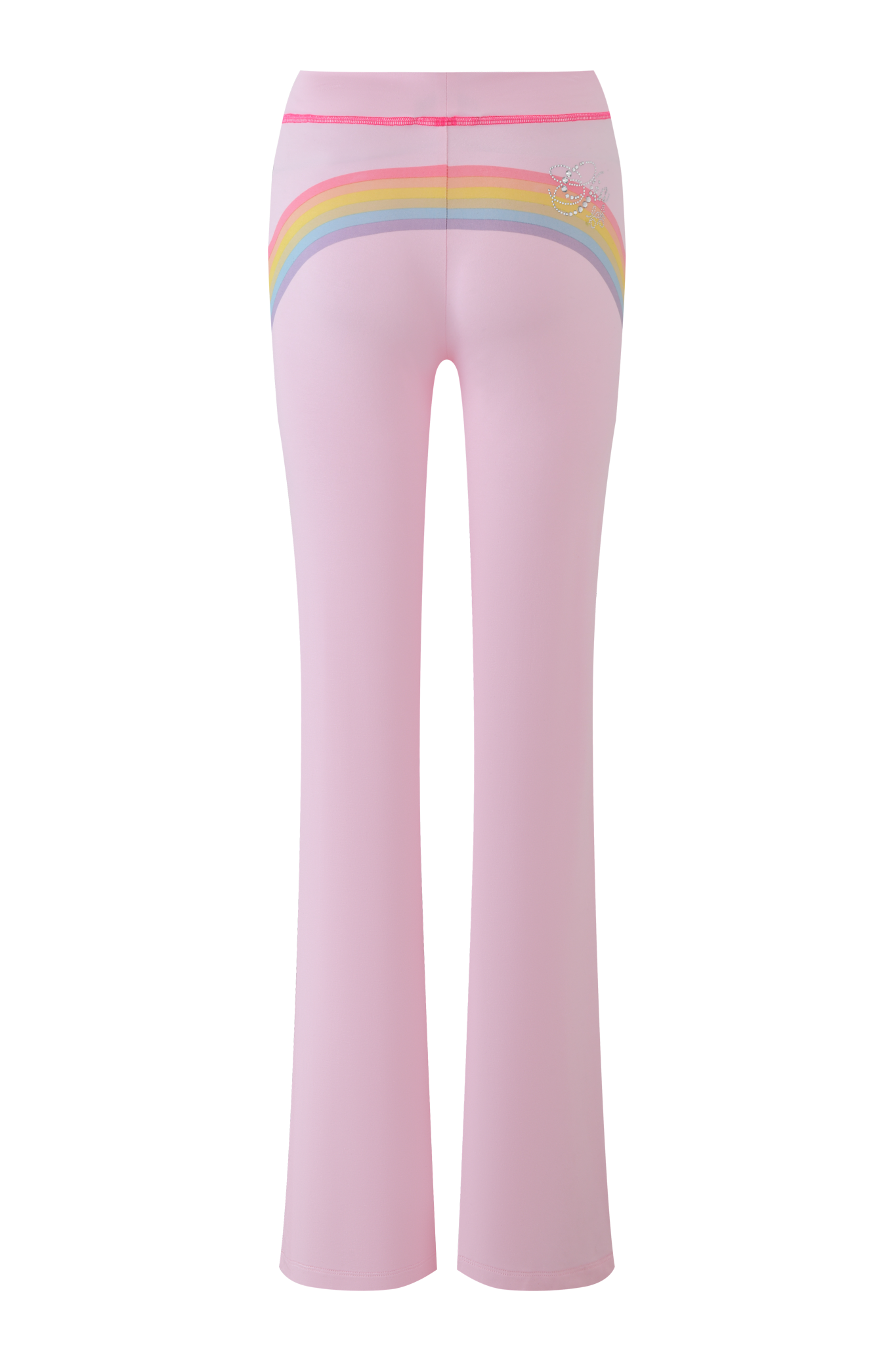 The FAFI BLARE PANT - BABY PINK by I.AM.GIA features vibrant rainbow artwork across the back and a small, sparkly diamante heart logo on the right side.