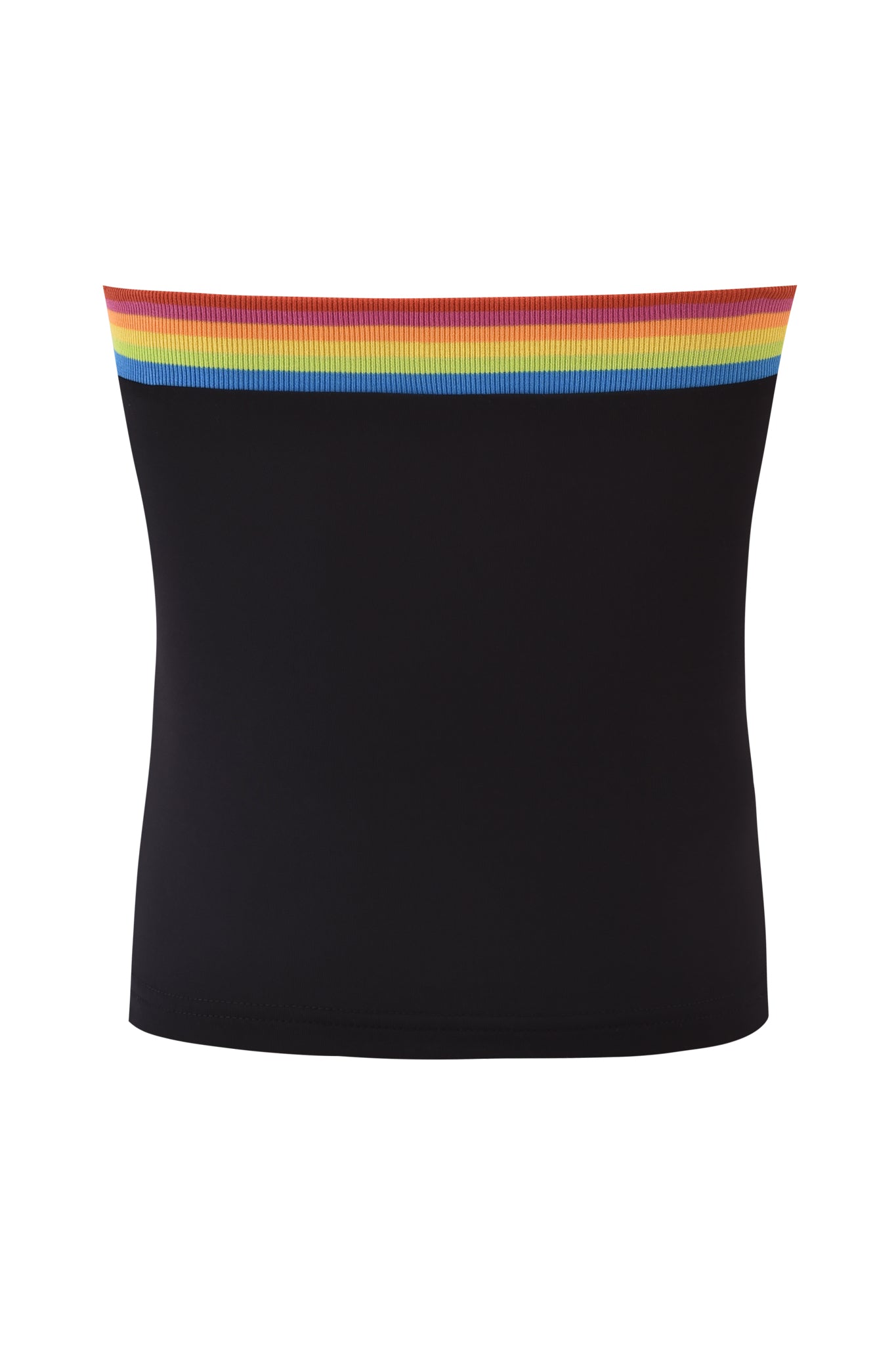 The NIJI BOOB TUBE - BLACK by I.AM.GIA features a ribbed, elastic top band with red, orange, yellow, green, and blue horizontal rainbow stripes. This bodycon tube top is shown against a white background.