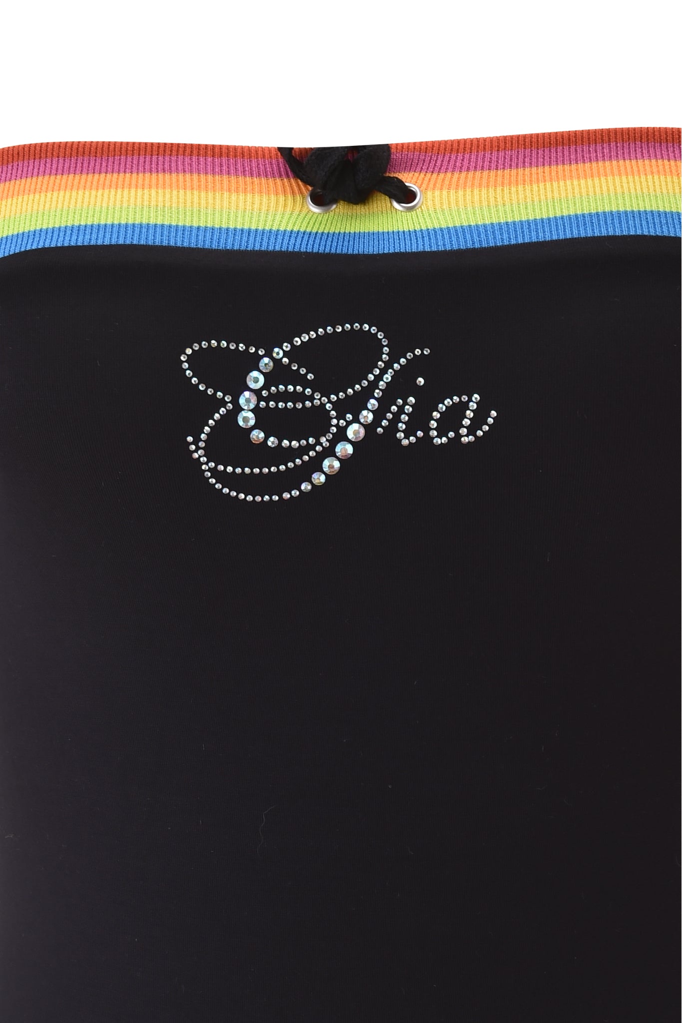 A close-up of the NIJI BOOB TUBE - BLACK by I.AM.GIA, featuring diamante "GIA" applique and a rainbow-striped waistband at the top.