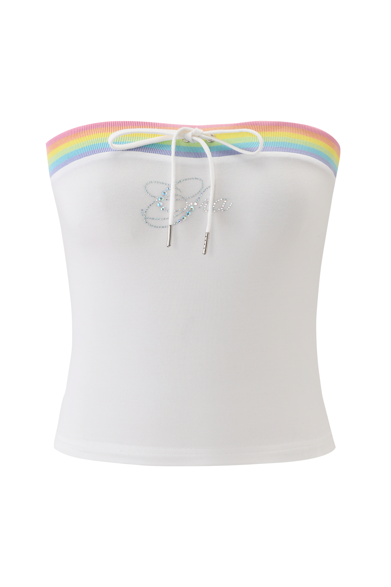 The NIJI BOOB TUBE - WHITE by I.AM.GIA is a white bamboo jersey top featuring a rainbow-trimmed neckline, front tie with silver tips, and an iridescent diamante "Dior" design across the chest.