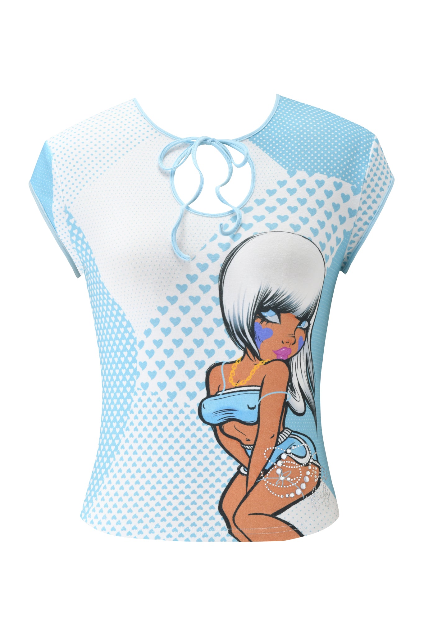 The FAFI TOP - BLUE by I.AM.GIA is a light blue and white cap sleeve tee featuring small heart prints, a cartoon girl graphic with long white hair, purple and yellow face makeup, a blue outfit, and a keyhole lace-up neckline.