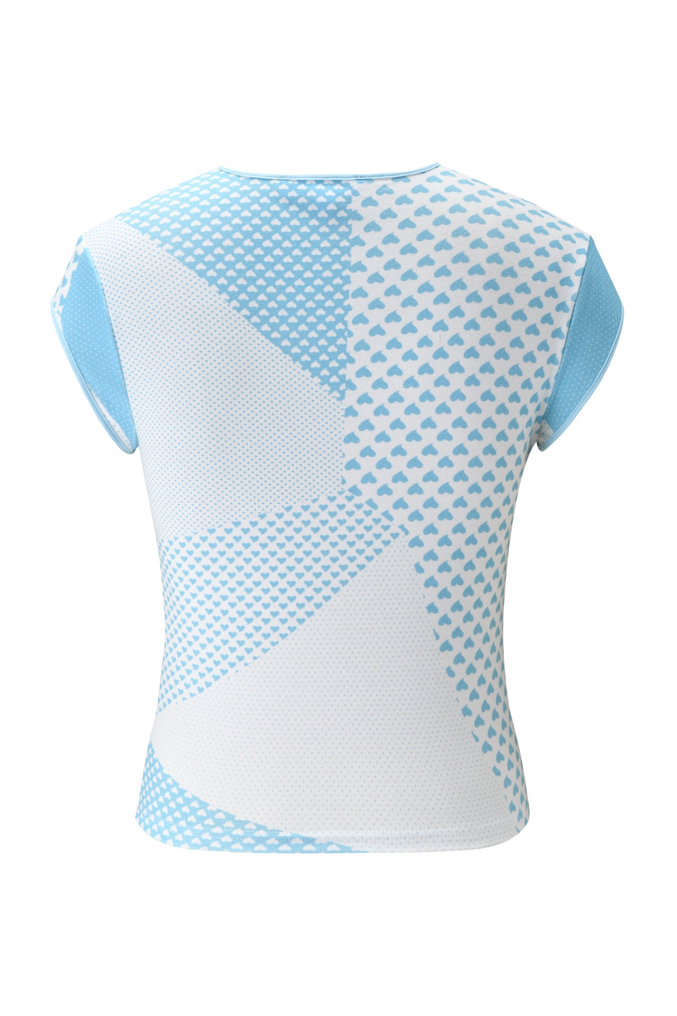 The I.AM.GIA FAFI TOP - BLUE is a cap sleeve, bodycon t-shirt featuring a light blue and white geometric patchwork pattern. The image displays its fitted back silhouette.