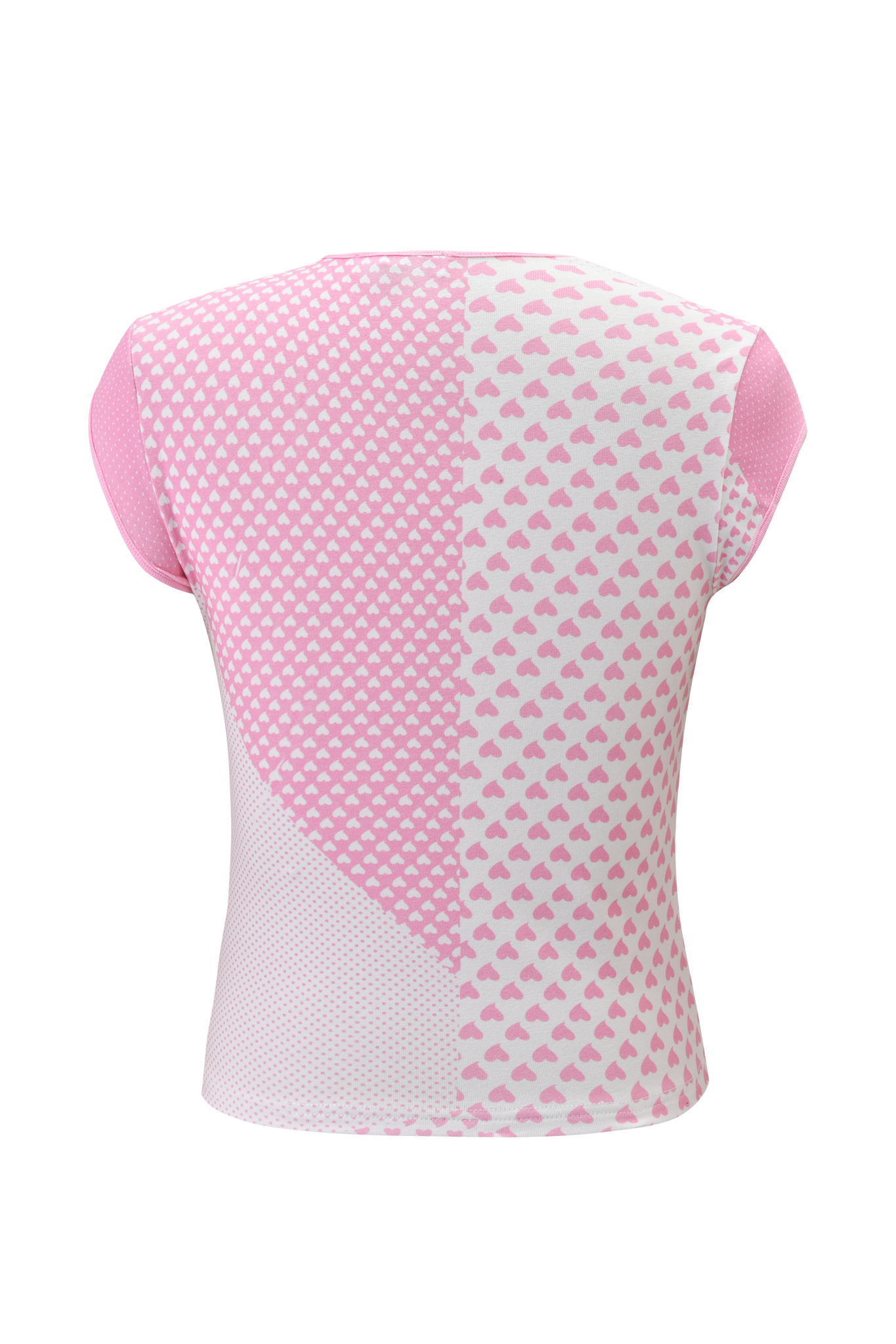 The FAFI TOP - PINK by I.AM.GIA features cap sleeves, a pink and white heart pattern with varying densities on a white base, solid pink sleeves, and is part of the exclusive FAFI collaboration. Shown from the back.