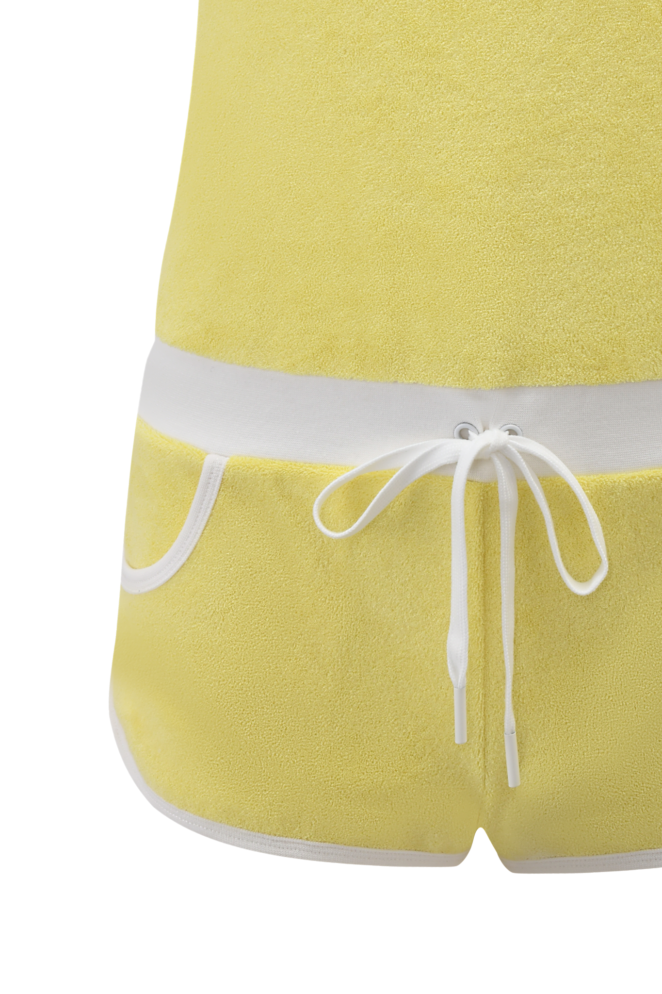 Close-up of a person wearing the I.AM.GIA GOLDIE ROMPER in yellow, featuring white trim, pockets, and a white drawstring waist. The background and upper outfit are also yellow.