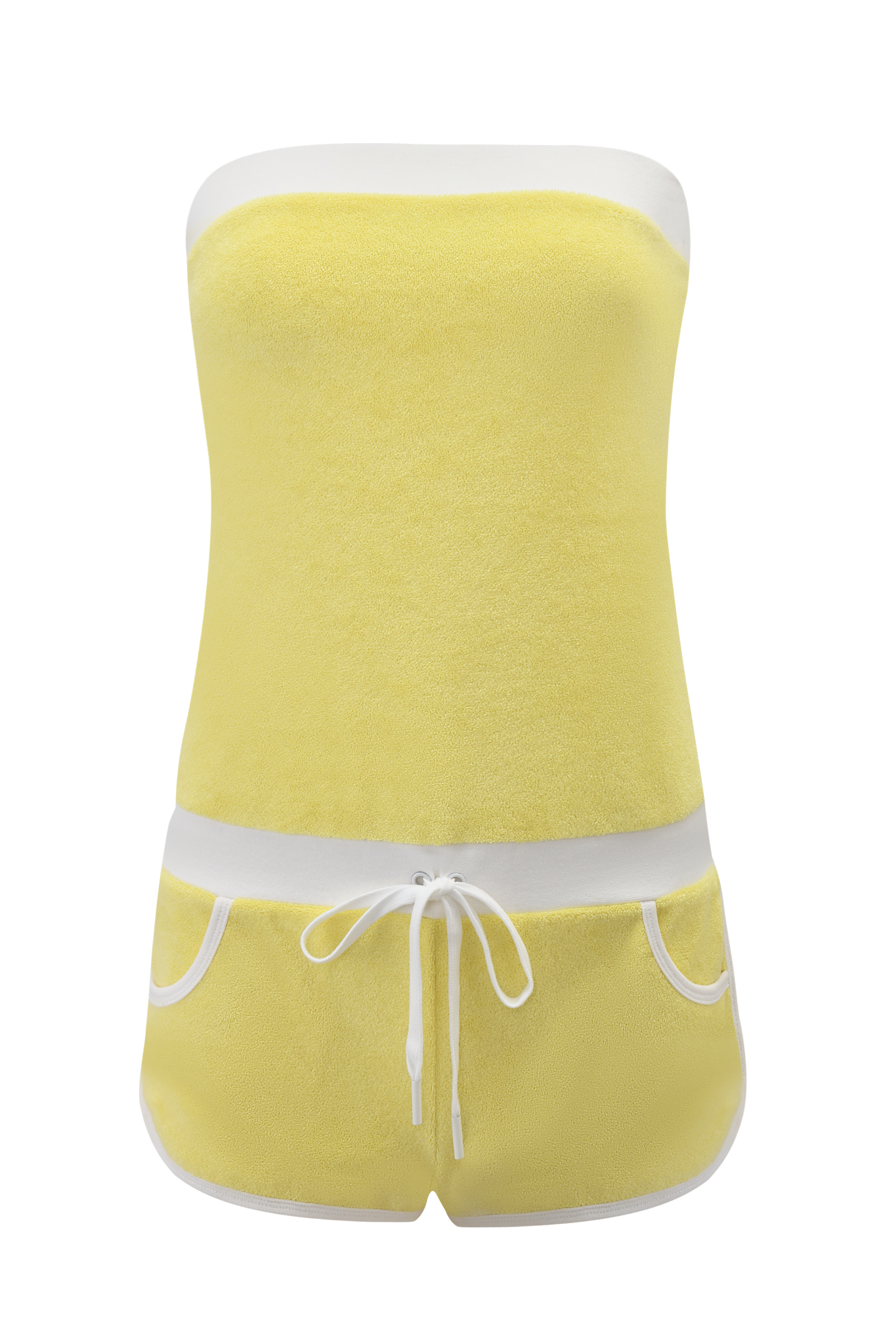 The I.AM.GIA GOLDIE ROMPER - YELLOW is a pastel yellow terry cloth boob tube romper with white trim, a drawstring waistband, dolphin hem shorts, and two front pockets with white trim, shown on a plain background.