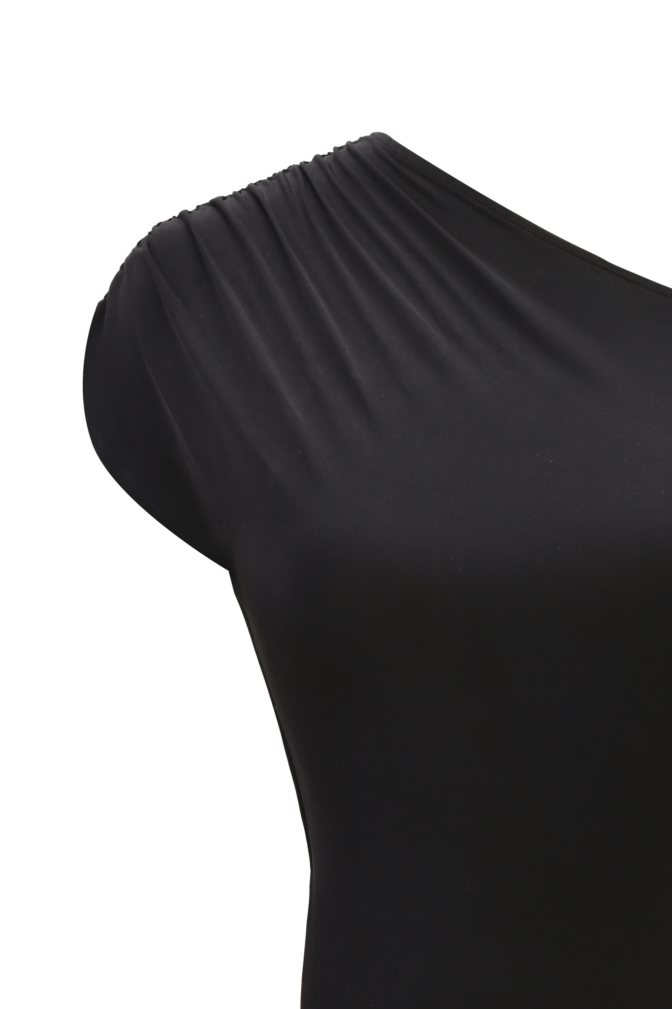 The JOVIE TOP - BLACK by I.AM.GIA is a black, one-shoulder top with gathered detailing near the neckline and an asymmetrical hem, shown on a mannequin.
