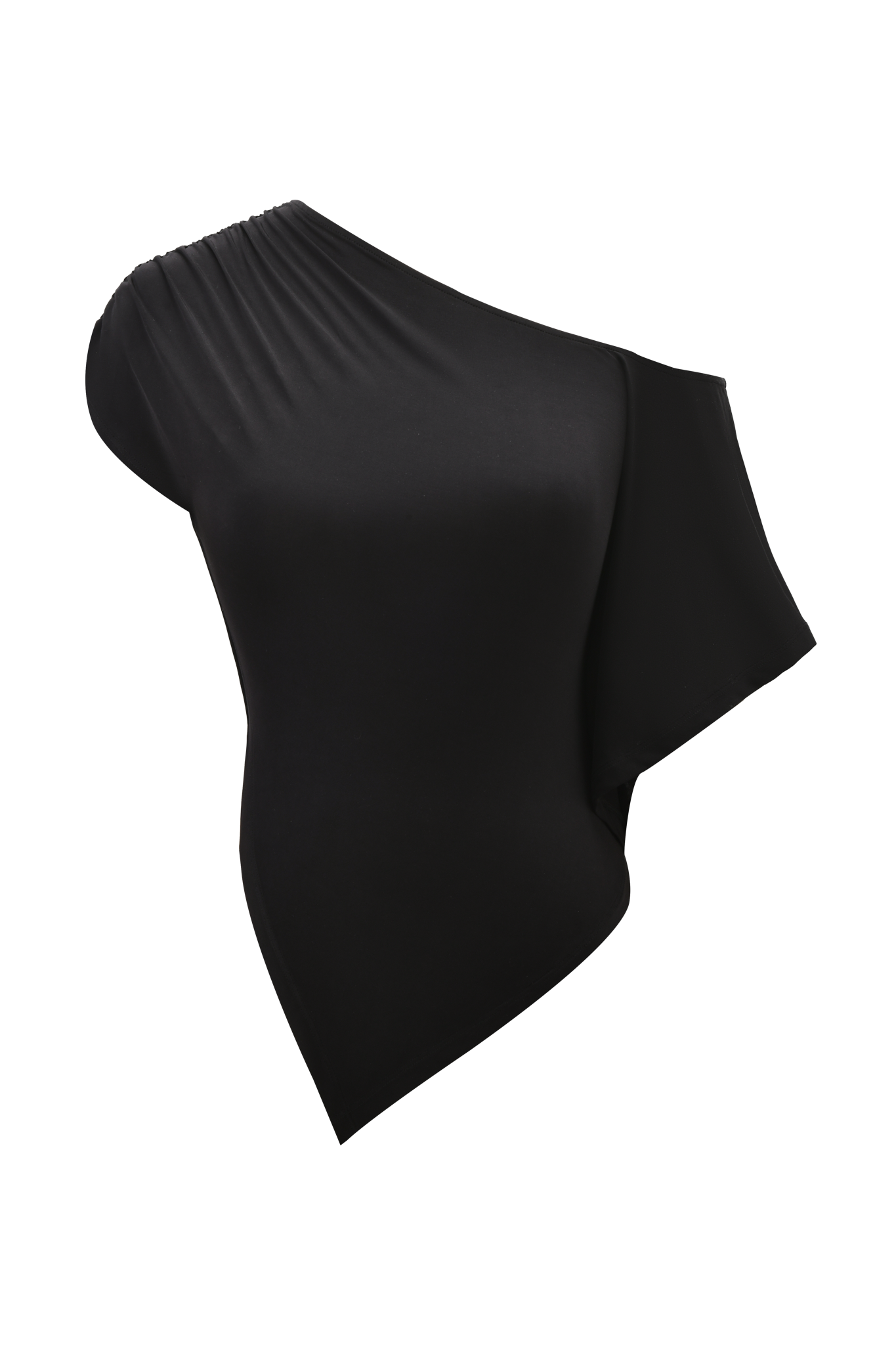 The JOVIE TOP by I.AM.GIA is a black, one-shoulder top with an asymmetrical hem, draped ruched detailing on one side, a short sleeve on the other, and a smooth, fitted finish.