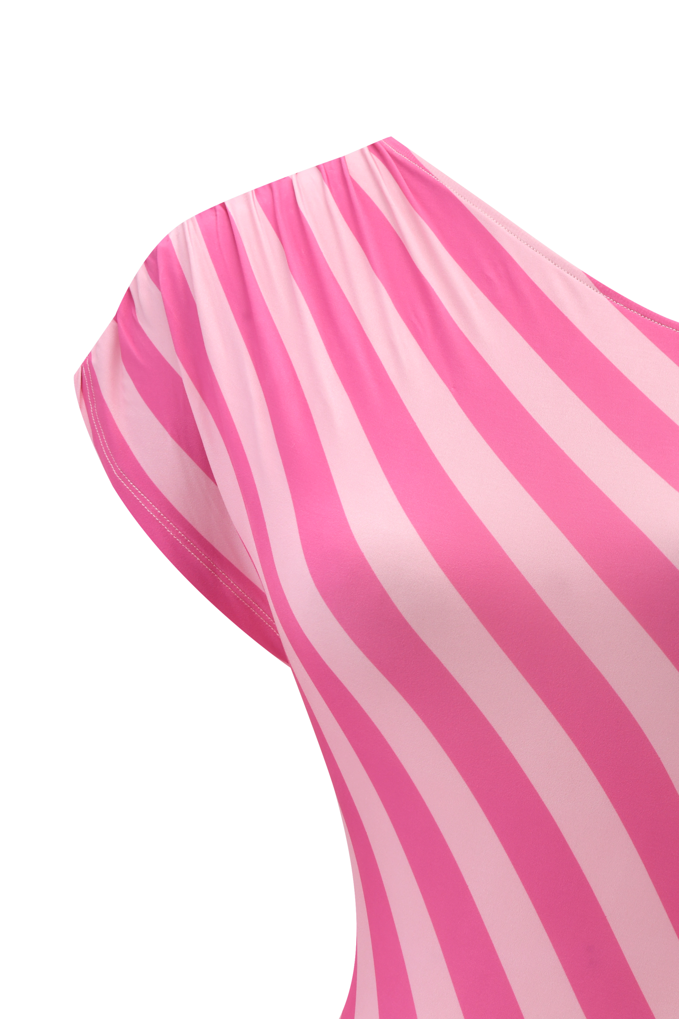 The JOVIE TOP - PINK STRIPE by I.AM.GIA features pink and light pink stripes draped in a wave-like pattern over a curved surface, with a matching pink background that highlights its striking striped design.