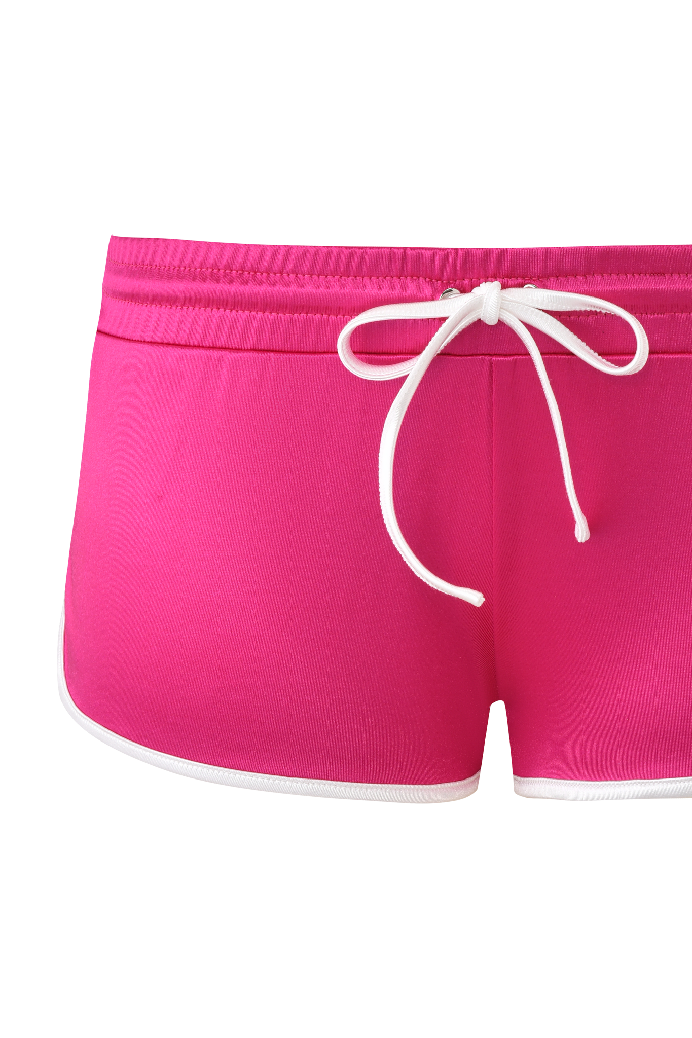 The I.AM.GIA CHERRY SHORT - DARK MAGENTA features bold hot pink disco fabric, a white drawstring, and white trim. Displayed front-on against a matching background, these fitted dolphin hem shorts showcase an athletic style.