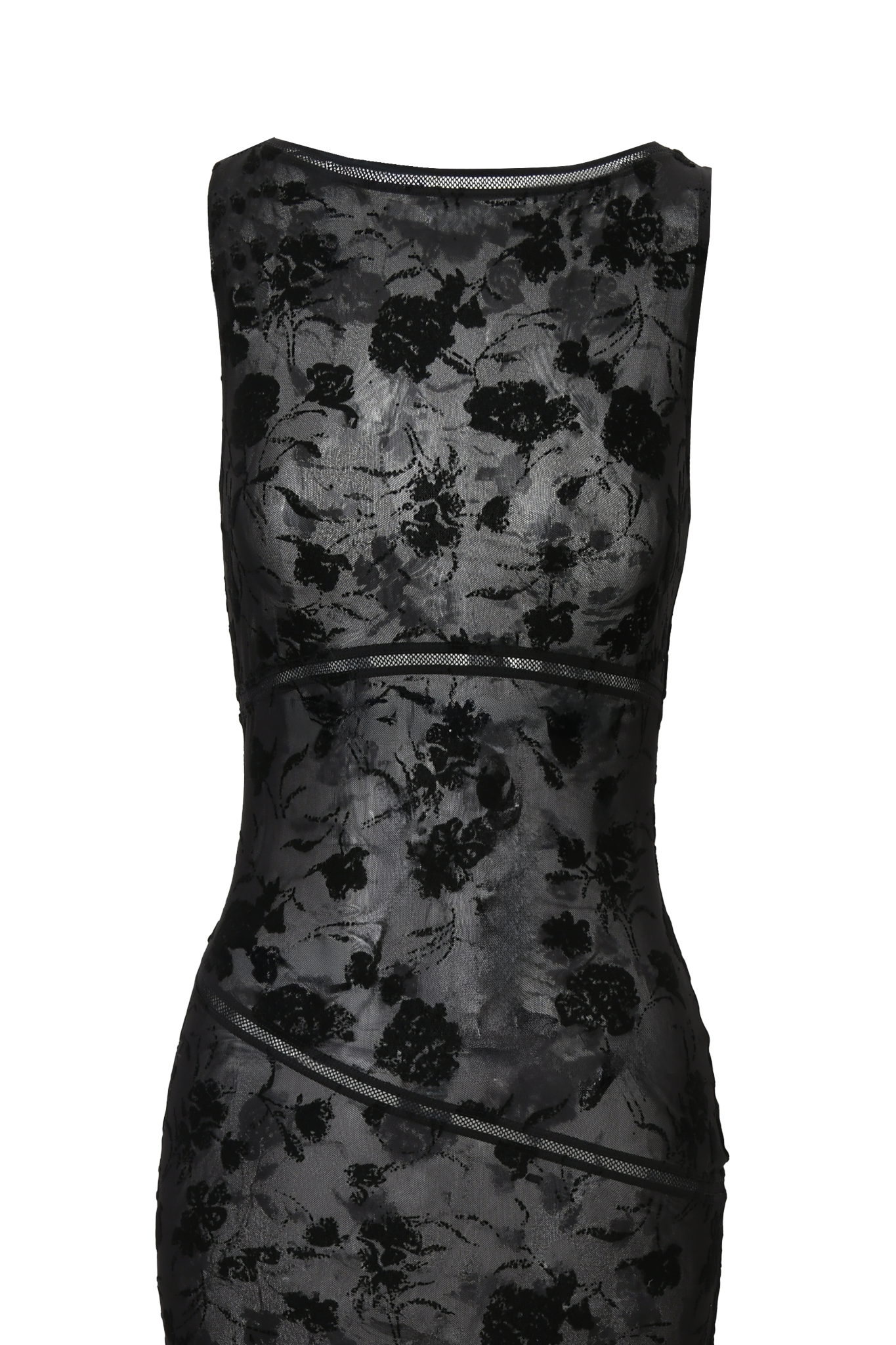 The VENETIA MAXI DRESS by I.AM.GIA is a sleeveless, fitted black dress with a sheer floral velvet overlay, horizontal mesh trim, and a statement sheer back.