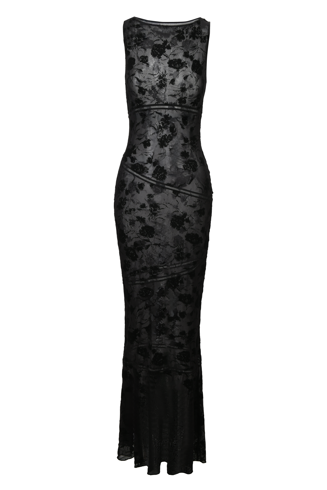 The VENETIA MAXI DRESS by I.AM.GIA is a sleeveless, floor-length black dress with a fitted silhouette, sheer floral lace overlay, subtle hem flare, high neckline, and intricate floral pattern throughout.