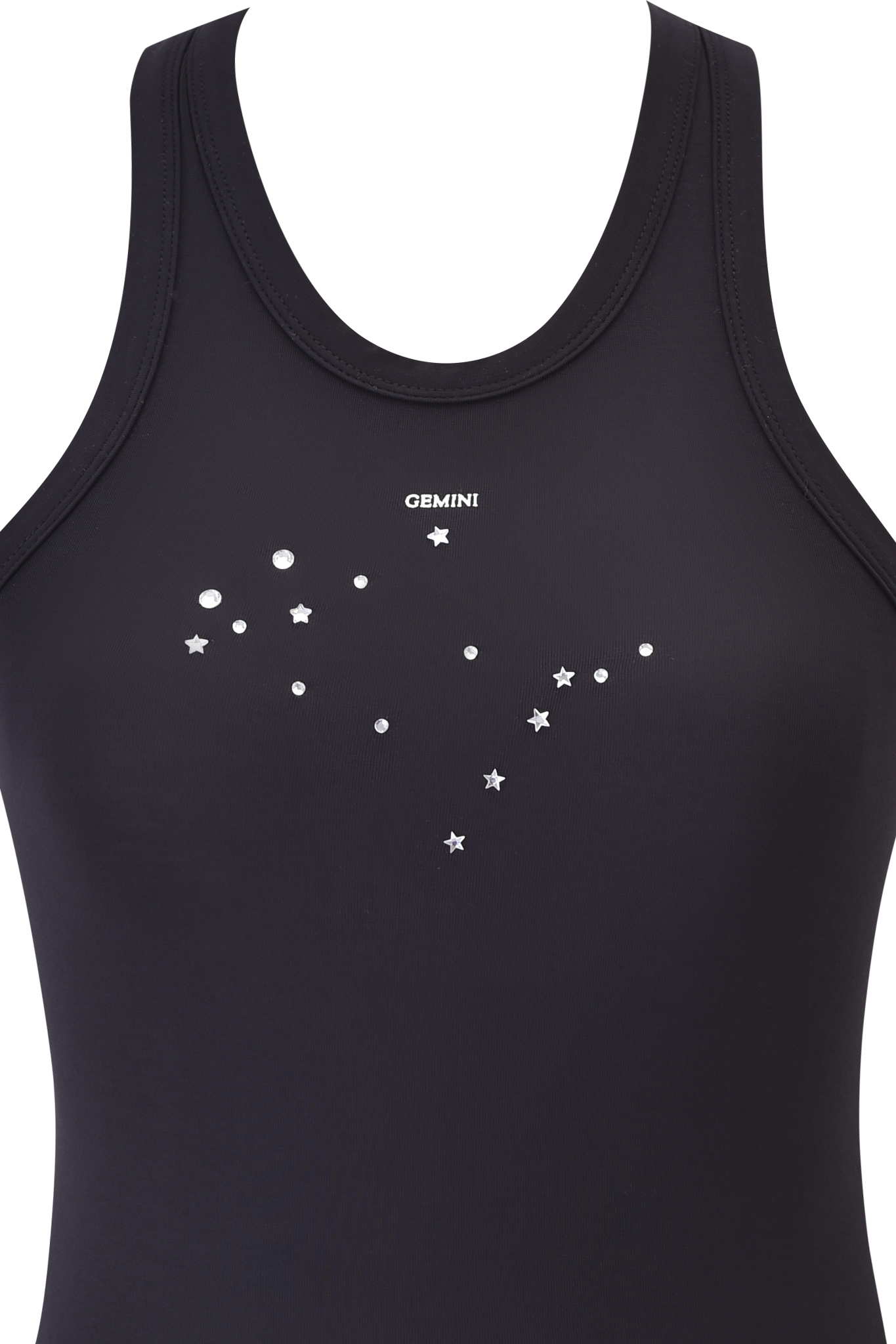The I.AM.GIA GEMINI ZODIAC TANK - BLACK is a body-con bamboo tank top with "GEMINI" lettering and a white Gemini constellation graphic featuring dots and stars on the chest.