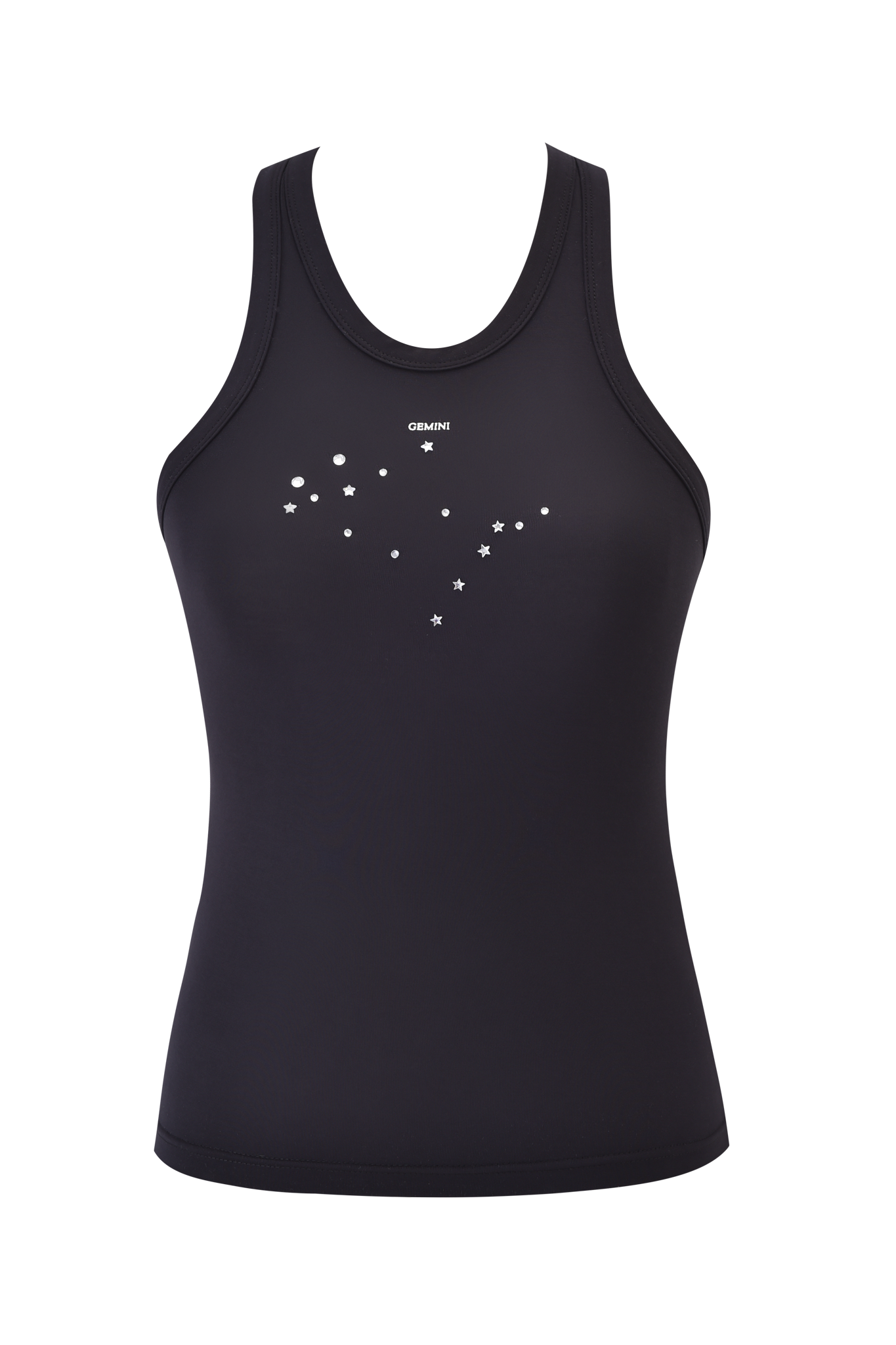The GEMINI ZODIAC TANK - BLACK by I.AM.GIA is a black bamboo tank with a minimalist white Gemini constellation design on the chest and a flattering body-con fit.