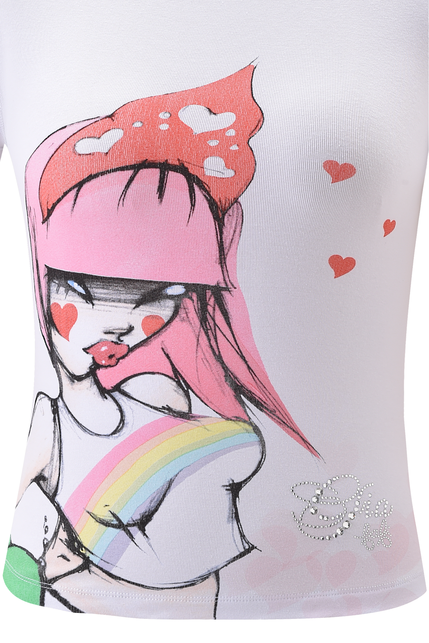 The I.AM.GIA FAFI T-SHIRT - WHITE is a short sleeve baby tee with Fafinette artwork: a pink-haired illustrated girl, red hearts and lips, rainbow shirt, plus I.AM.GIA placement print and rhinestone text accents.