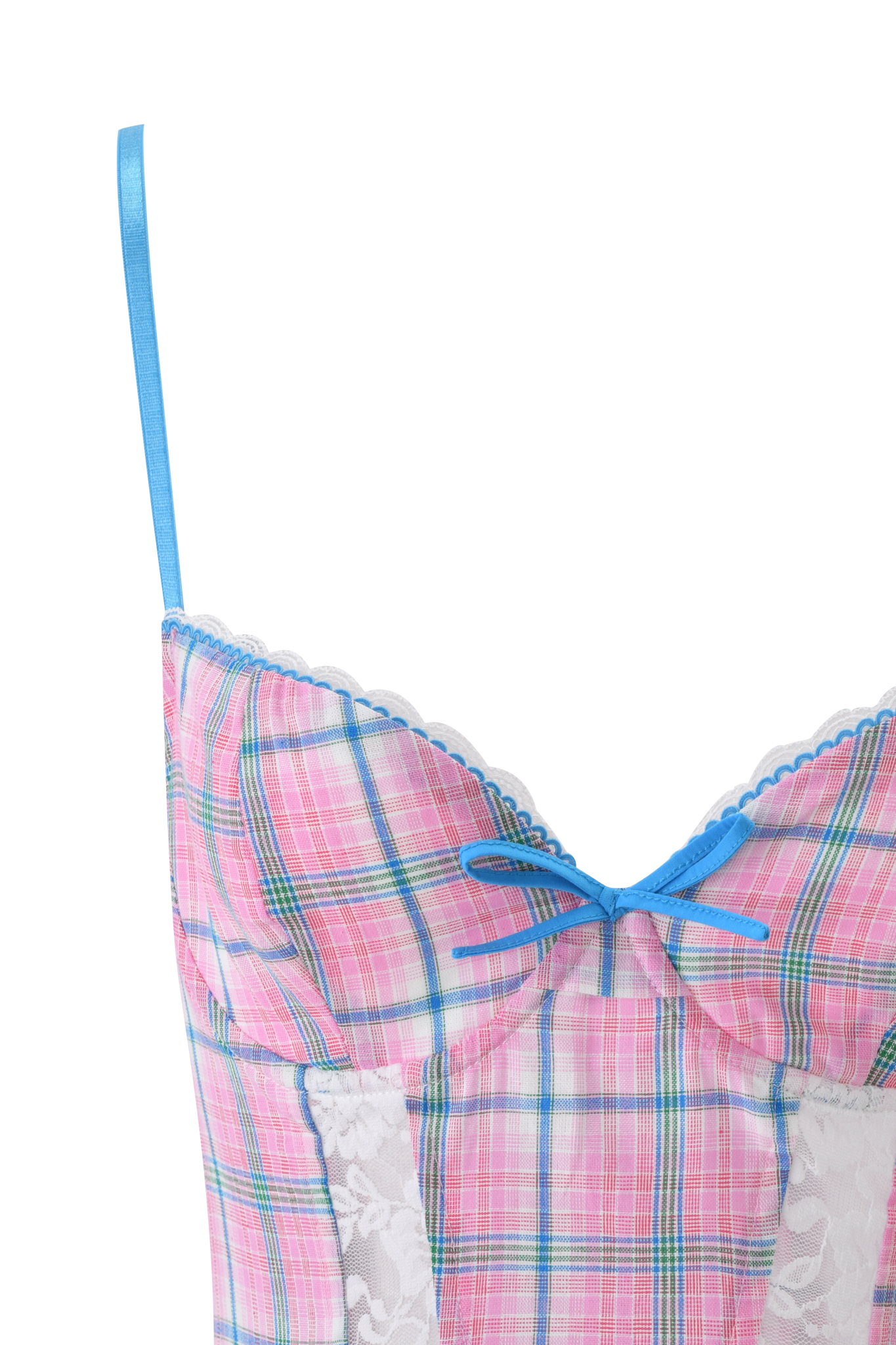 The CLAIRE CORSET - PINK PLAID by I.AM.GIA features blue straps, a central blue bow, underwire bust cups, scalloped lace trim, and white lace accents in a pink plaid pattern.