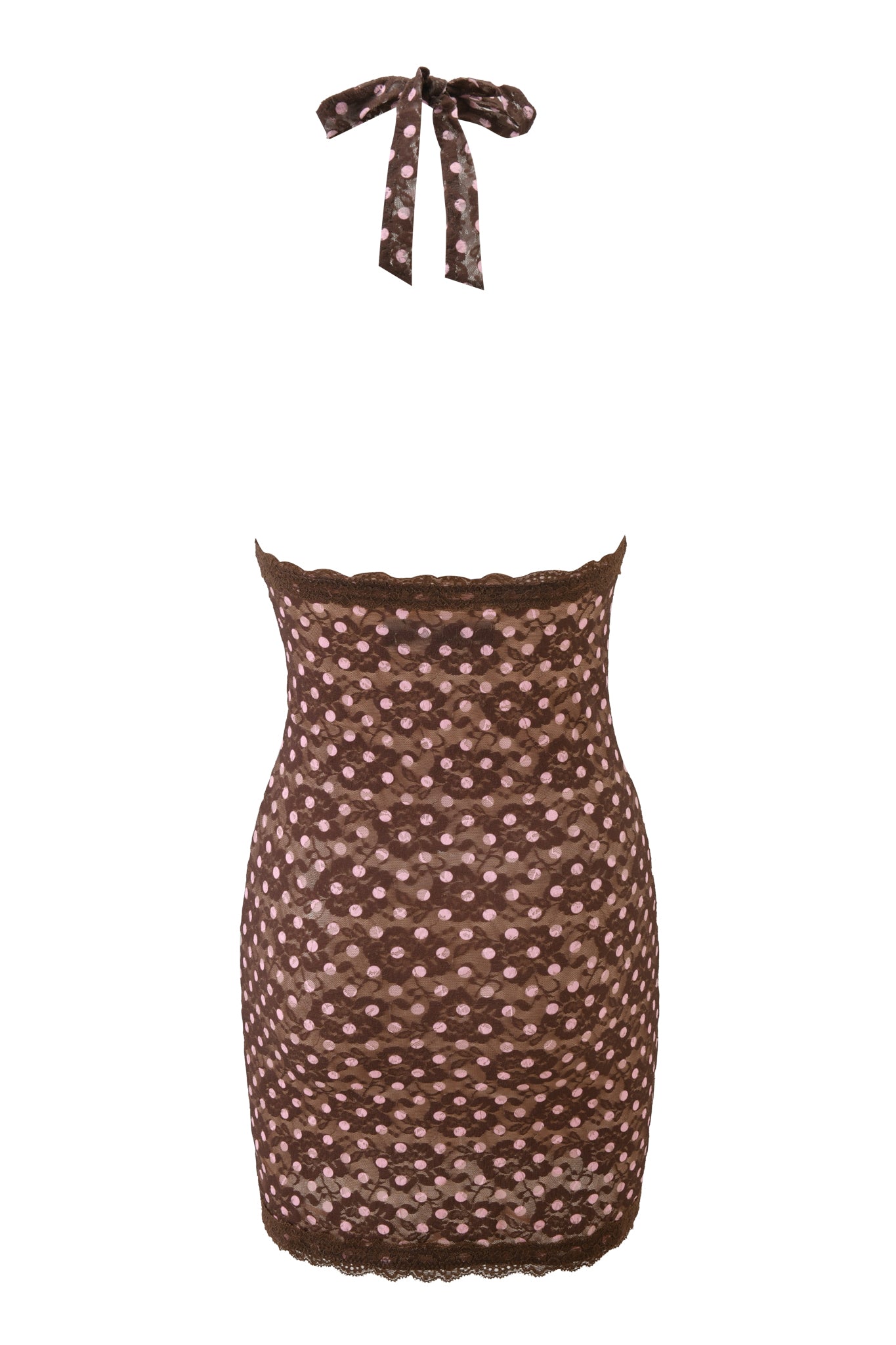 The GEM MINI DRESS - PINK CHOCOLATE by I.AM.GIA is a brown lace bodycon mini dress with pink polka dots, lace trim accents, and a matching halter neck tie—perfect for playful yet elegant style.