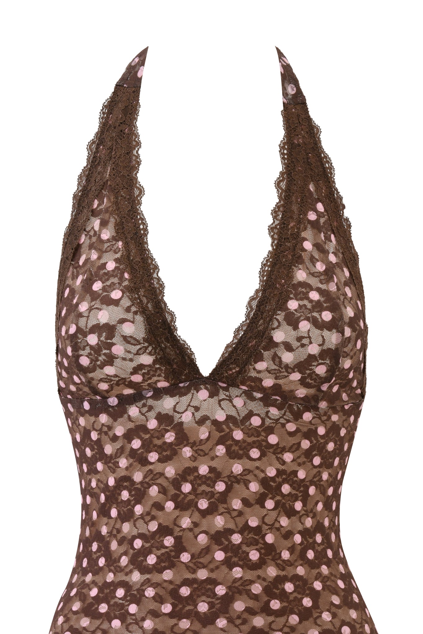 The I.AM.GIA GEM MINI DRESS in Pink Chocolate is a sheer brown lace halter mini dress with pink polka dots, a plunging neckline, and scalloped lace trim—perfect for making a statement at any event.