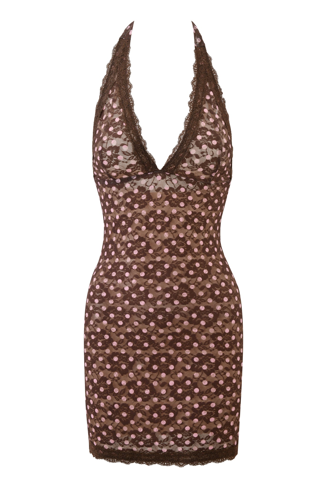 The GEM MINI DRESS - PINK CHOCOLATE by I.AM.GIA is a sleeveless, semi-sheer brown lace mini dress with pink polka dots, a deep V-neckline, delicate lace trim, and a fitted silhouette for an effortlessly chic look.