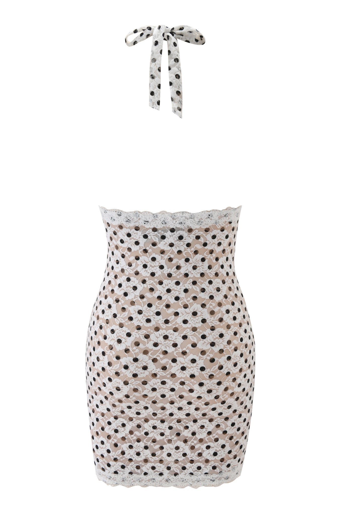 The GEM MINI DRESS - WHITE by I.AM.GIA is a sleeveless bodycon mini dress with black polka dots, scalloped edges, and a matching halter tie, shown on a white background for a playful yet classic look.