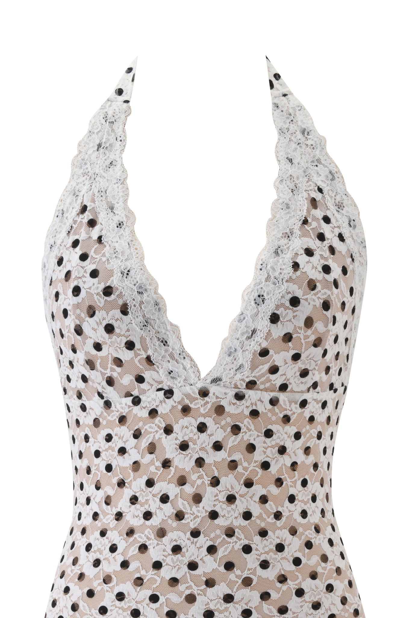 The GEM MINI DRESS - WHITE by I.AM.GIA is a chic lace mini dress with black polka dots, a halter neck, deep V-neckline, and scalloped edge for a flirty look.