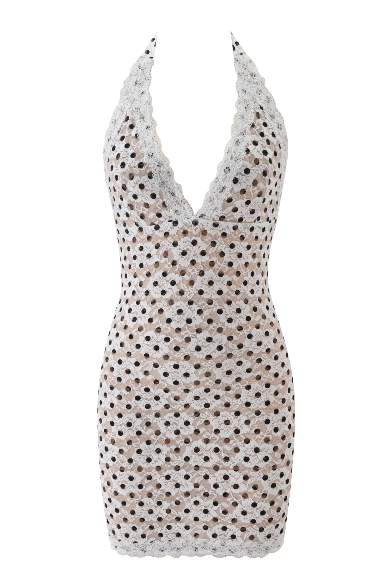 The GEM MINI DRESS - WHITE by I.AM.GIA is a sleeveless, halter-neck bodycon mini dress. It features a deep V-neckline, sheer unlined white lace mesh with black polka dots, and a sultry, form-fitting design.