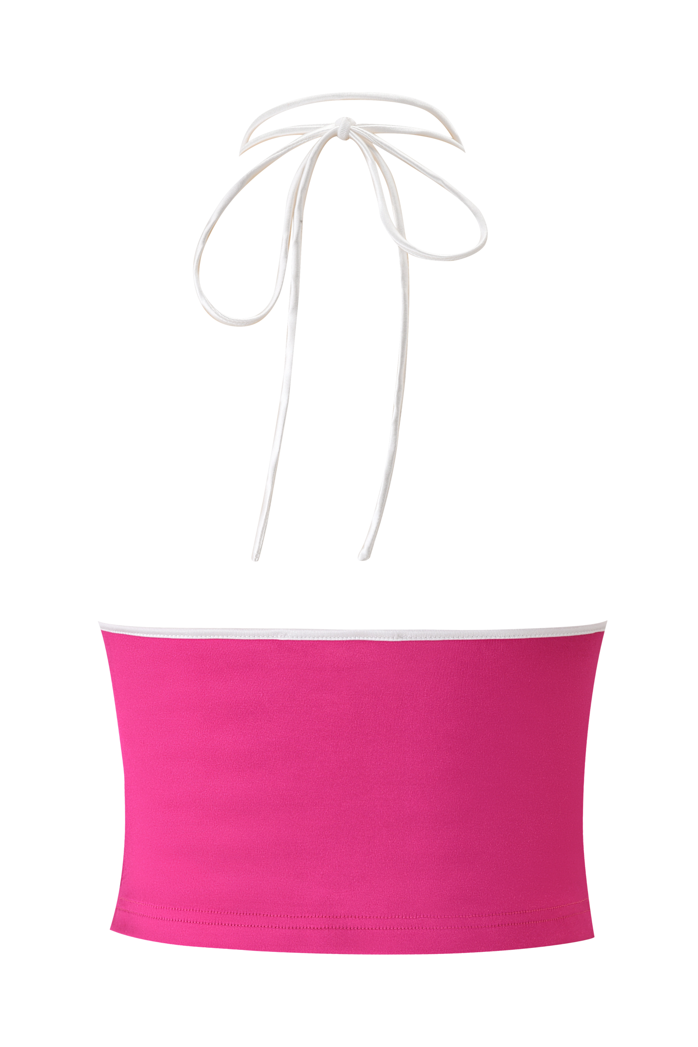 The I.AM.GIA CHERRY TOP - DARK MAGENTA is a pink disco fabric halter top with white trim and tie straps at the neck, displayed against a white background.