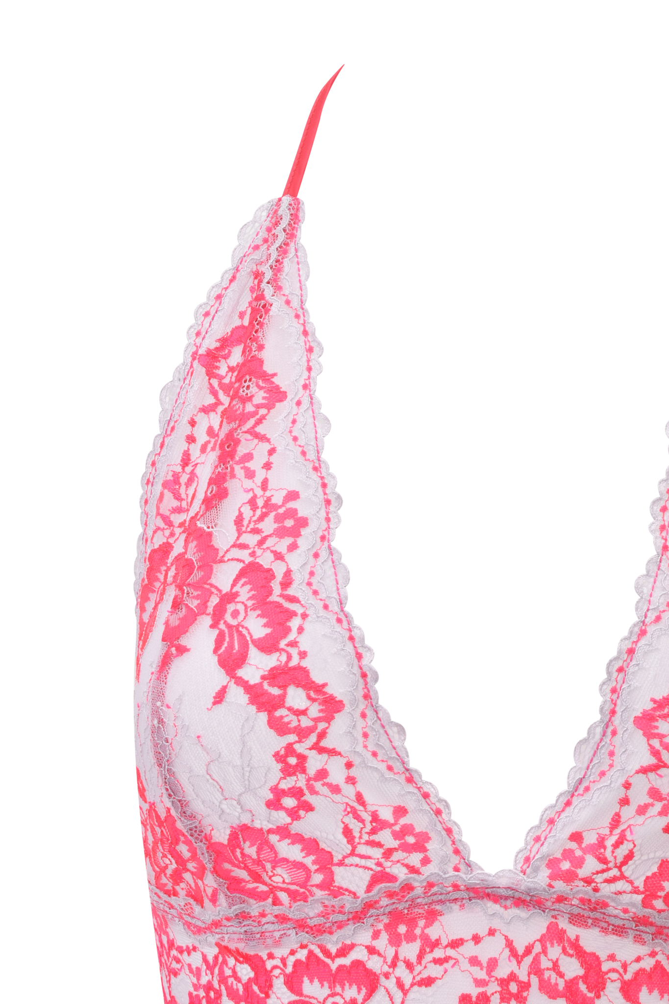 Close-up of the GEM HALTER TOP by I.AM.GIA in neon pink, showcasing sheer floral lace, delicate cup detailing, and thin shoulder straps.