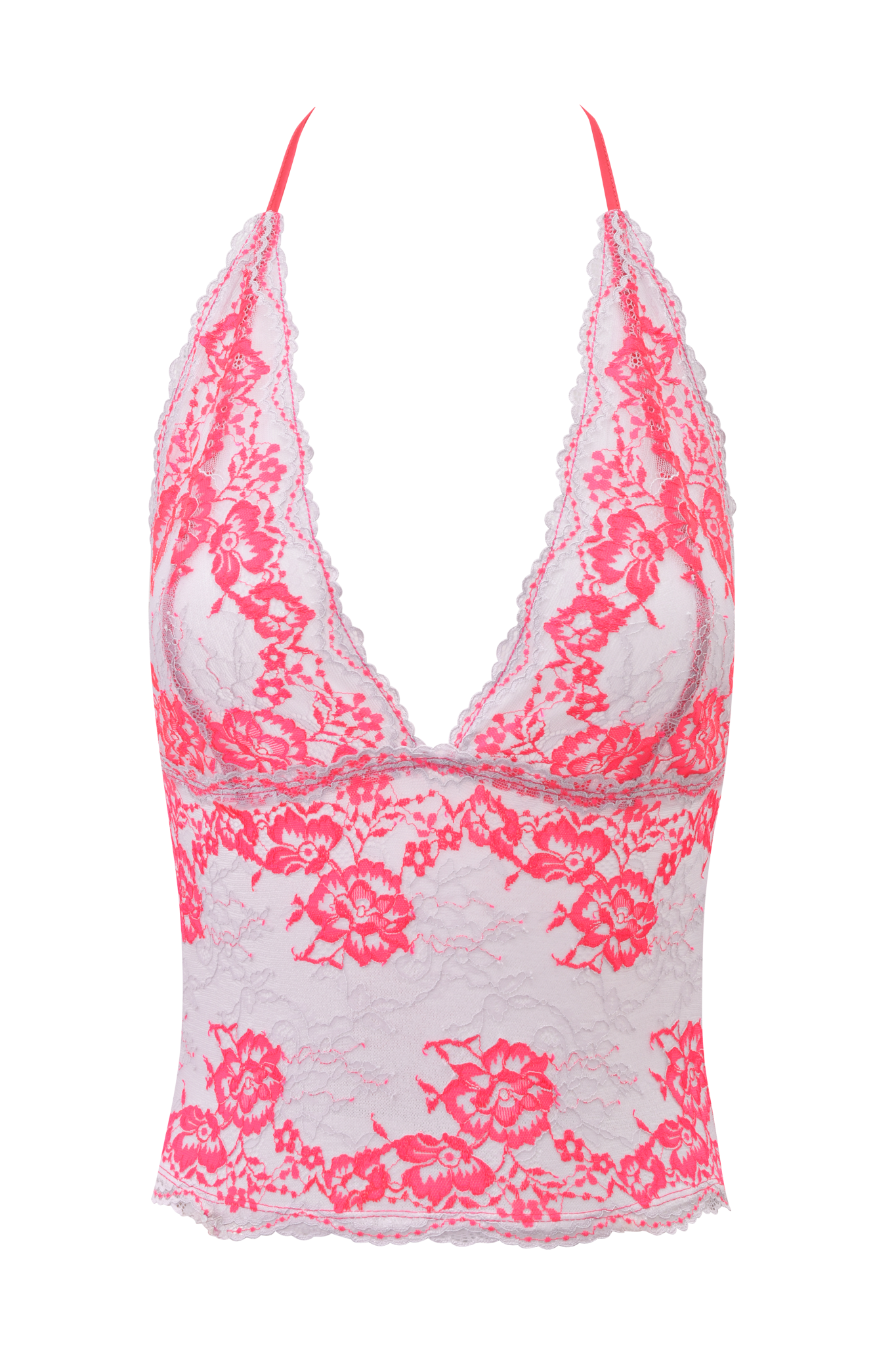 The GEM HALTER TOP - NEON PINK by I.AM.GIA is a sleeveless bodycon halter featuring a deep V-neckline, white base, and neon pink sheer lace overlay for a chic look.