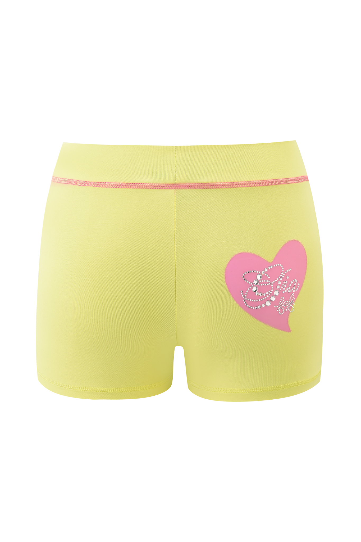 The FAFI BLARE SHORT - YELLOW by I.AM.GIA features yellow bamboo-jersey fabric, a bubblegum pink waistband, and a rhinestone heart on the back spelling "Bling.