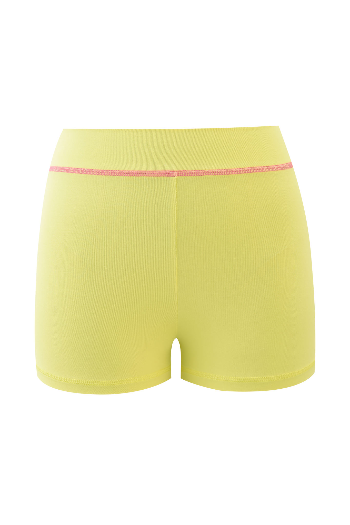The FAFI BLARE SHORT - YELLOW by I.AM.GIA features a fitted design in soft bamboo-jersey, seen from the back. It has a bubblegum pink stitched waistband, no logos or patterns, and is set against a matching light yellow background.