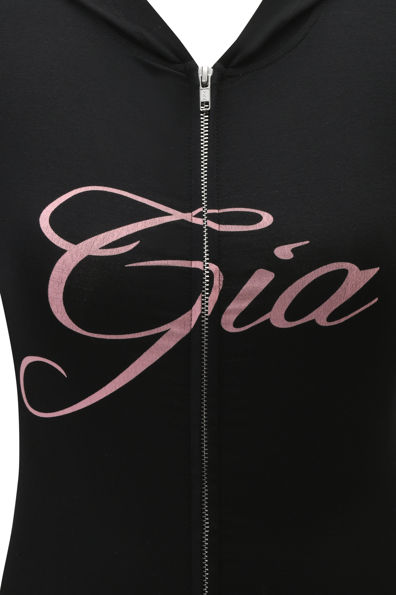 Close-up of the BLARE CAP SLEEVE HOODIE by I.AM.GIA in black, a zip-up body-con fit featuring a large custom pink cursive GIA print across the front.