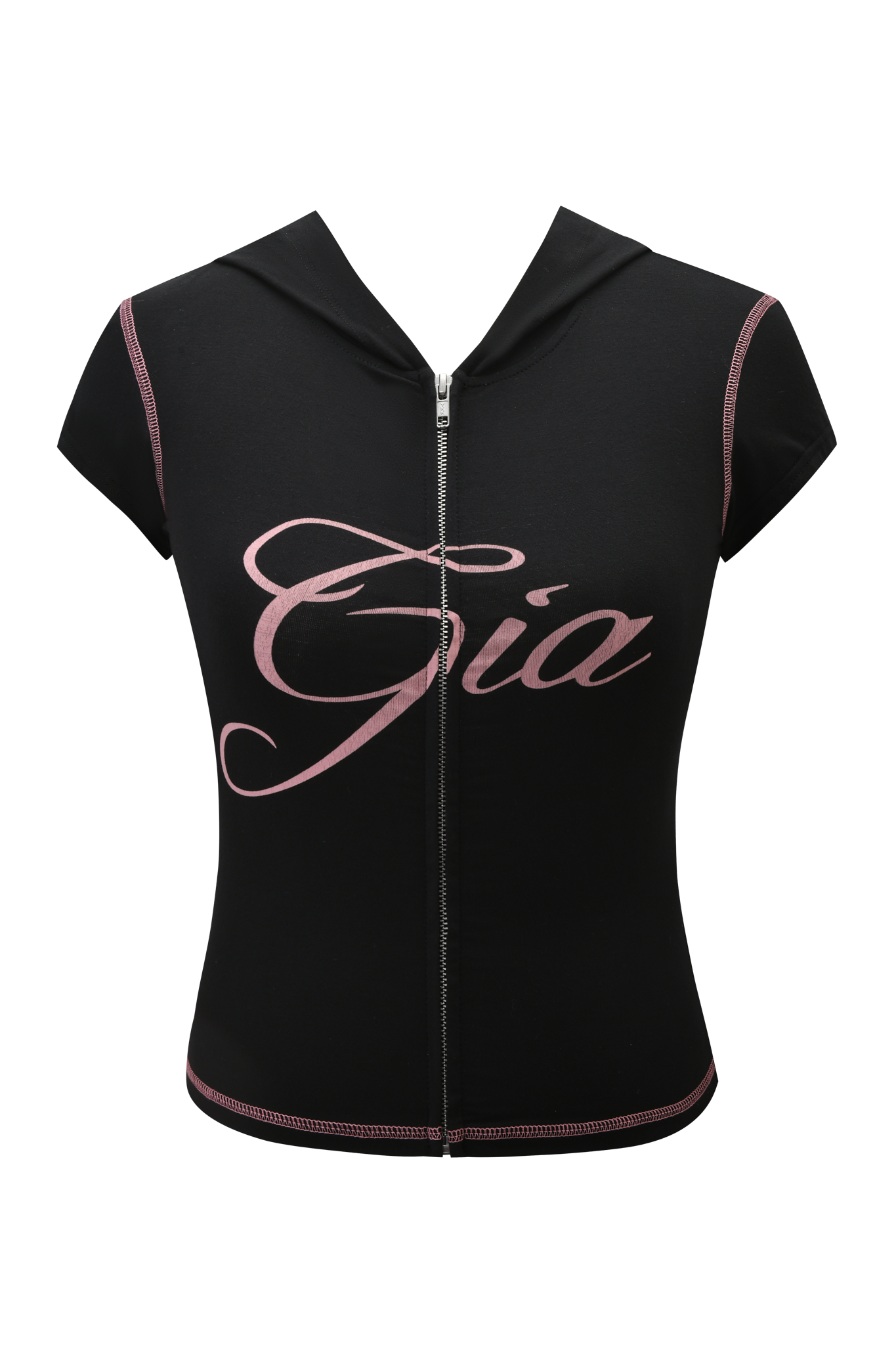 The I.AM.GIA BLARE CAP SLEEVE HOODIE in black features short sleeves, a zip-up front, baby pink stitching, and "Gia" in large pink script across the front.
