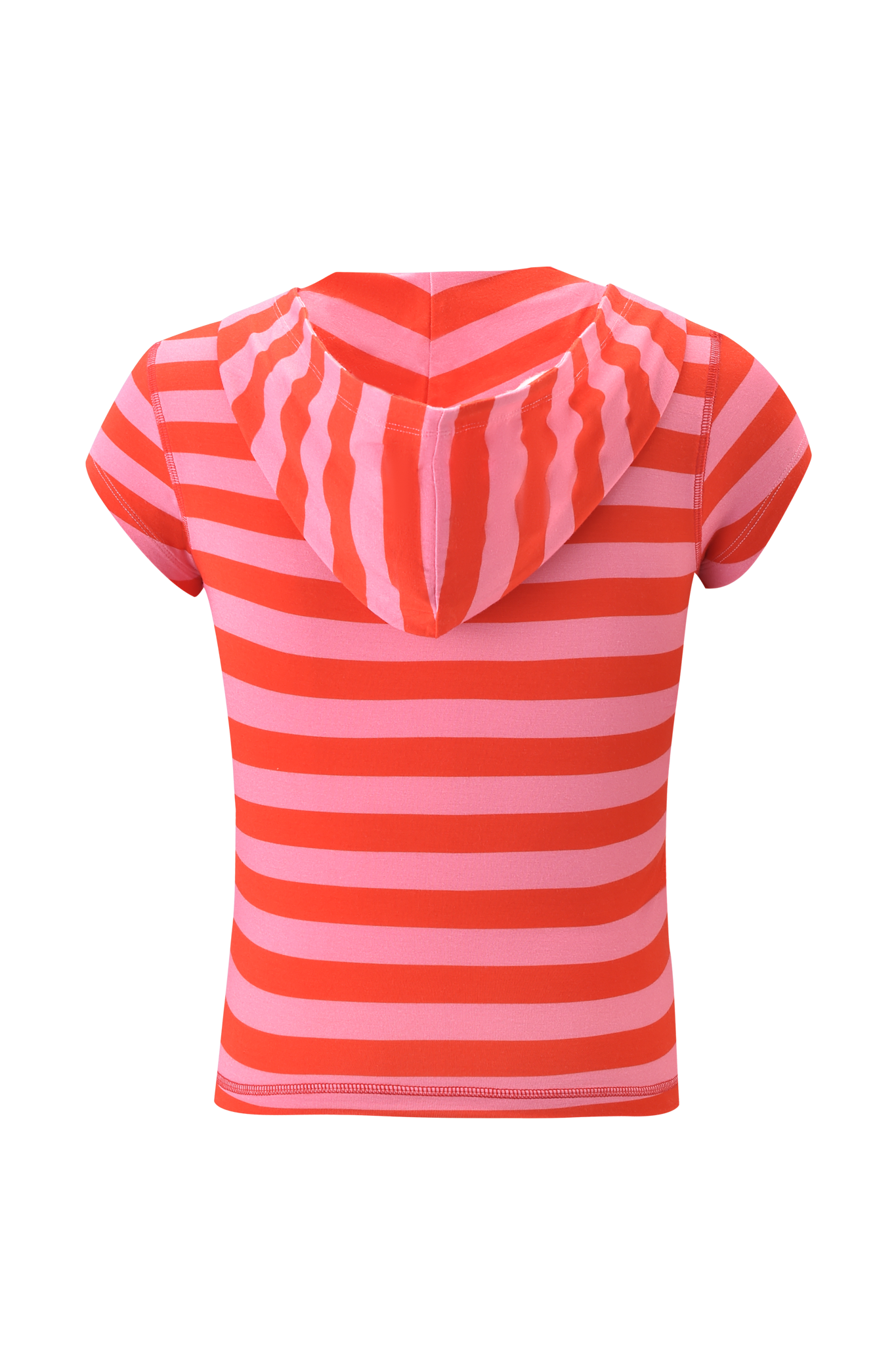 The I.AM.GIA FAFI BLARE CAP SLEEVE HOODIE – PINK STRIPE features a vintage distressed look with horizontal red and pink stripes on the back and a hood with matching vertical stripes.