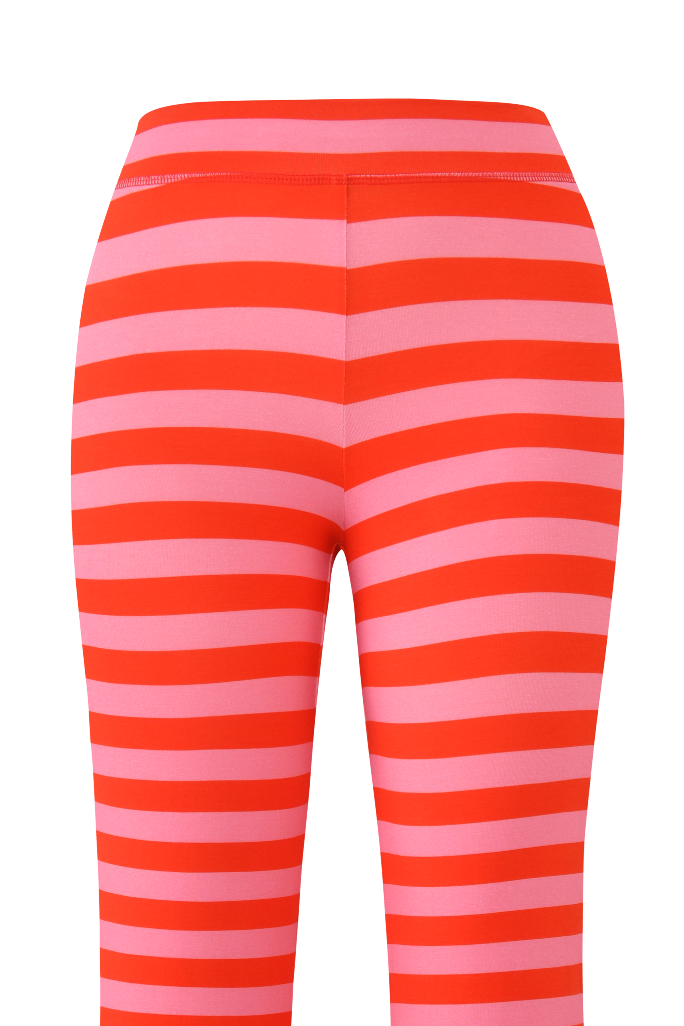 Back view of a person wearing the I.AM.GIA FAFI BLARE TRACKPANT - PINK STRIPE, crafted from soft bamboo jersey with horizontal red and pink stripes.