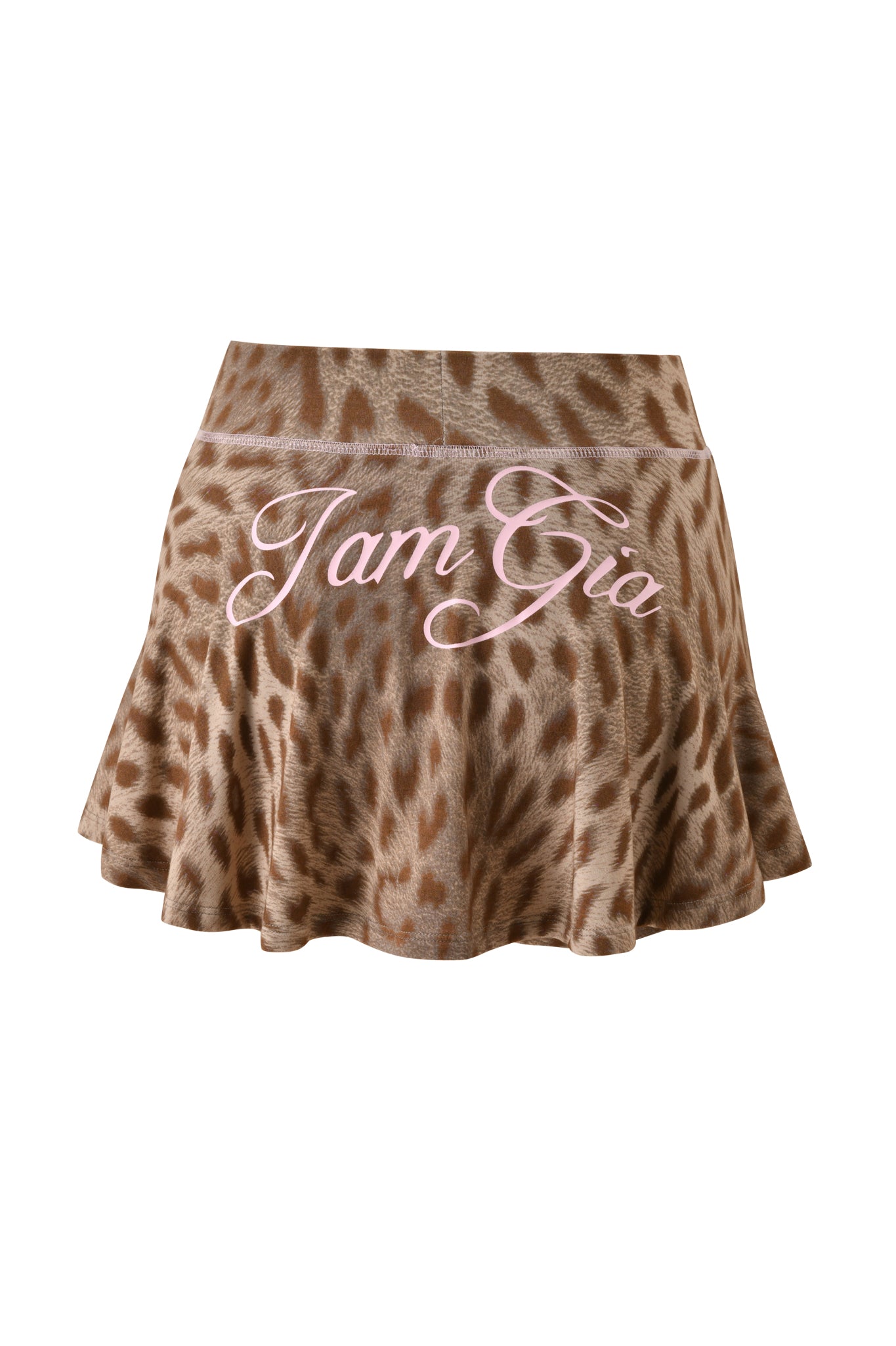 The BLARE SKORT - BLAZE CHEETAH by I.AM.GIA is a brown cheetah print mini skirt featuring the brand’s name in bold pink script on the waistband.