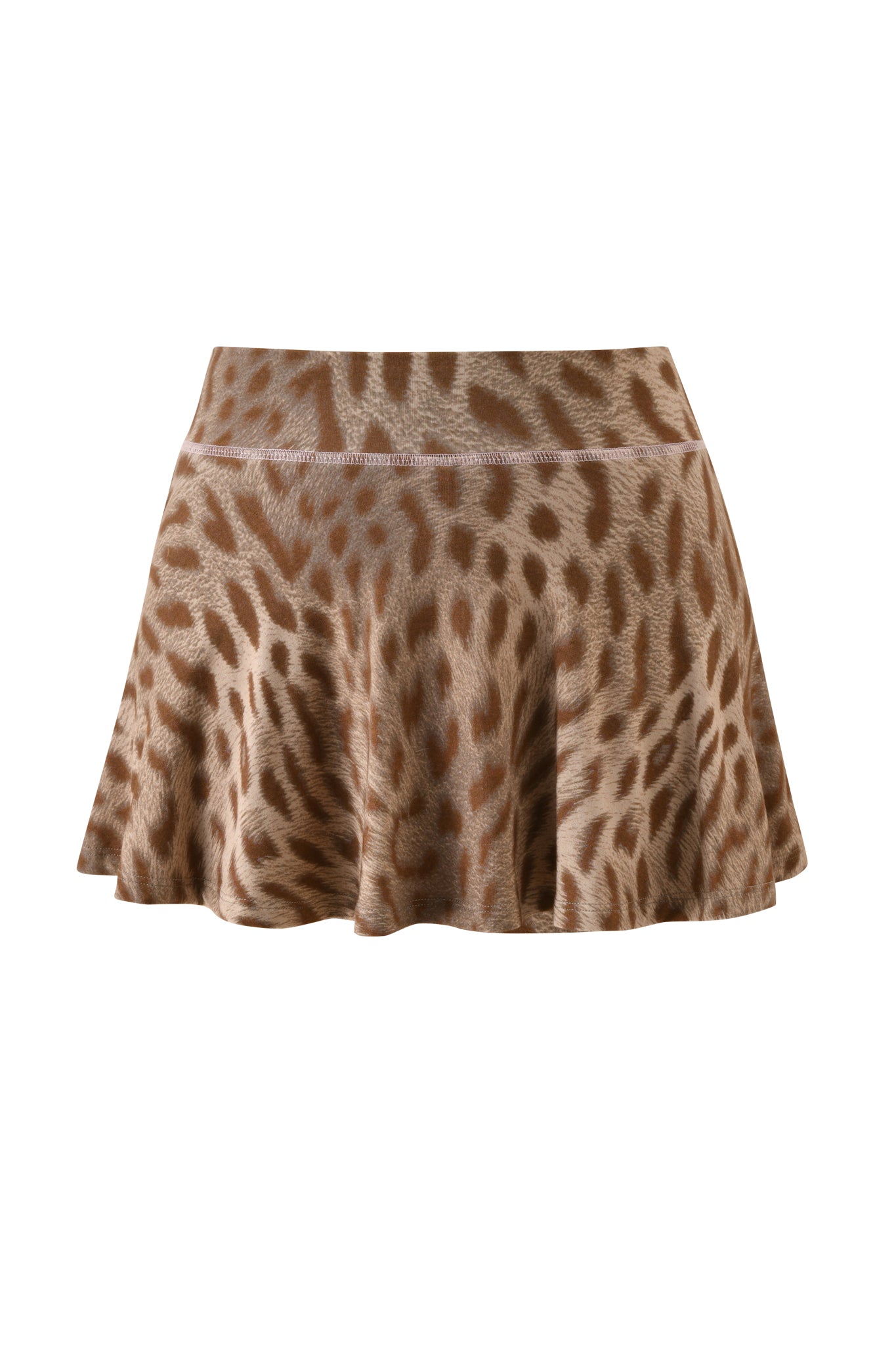 The I.AM.GIA BLARE SKORT in Blaze Cheetah is a brown flared mini skirt with an all-over leopard spot-inspired print on a white background.