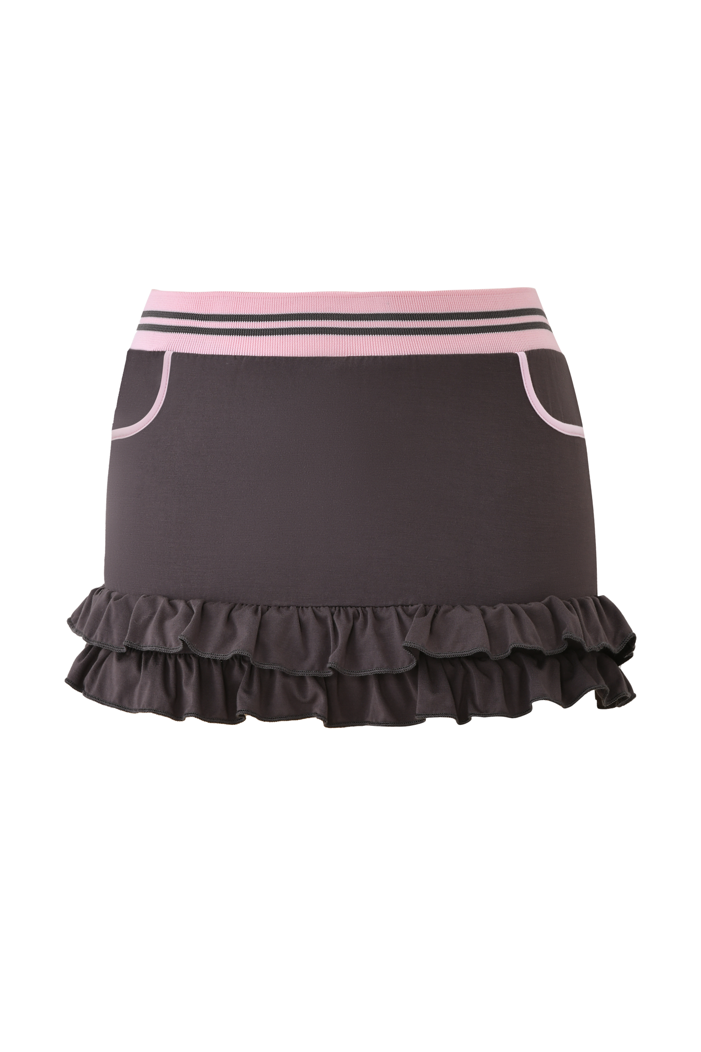 The ELLIS SKORT - GREY by I.AM.GIA is a short charcoal grey mini skort featuring bubblegum pink elastic trim, two front pockets, and a ruffled hemline.