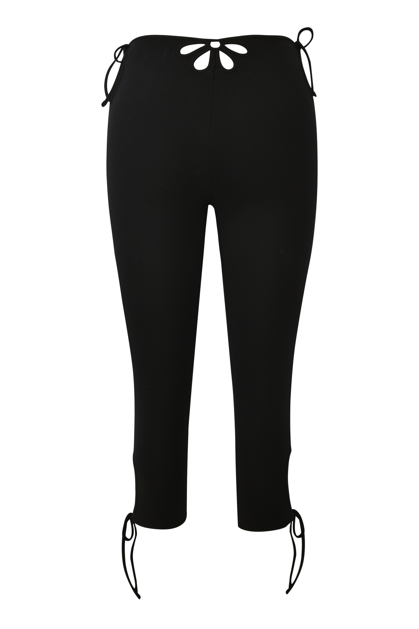 The I.AM.GIA YUNA CAPRI - BLACK features a body-con fit, black and white striped bow-tied cutouts at the waist, hips, and hem, and is made from high-stretch fabric for comfort. Shown on a plain background.