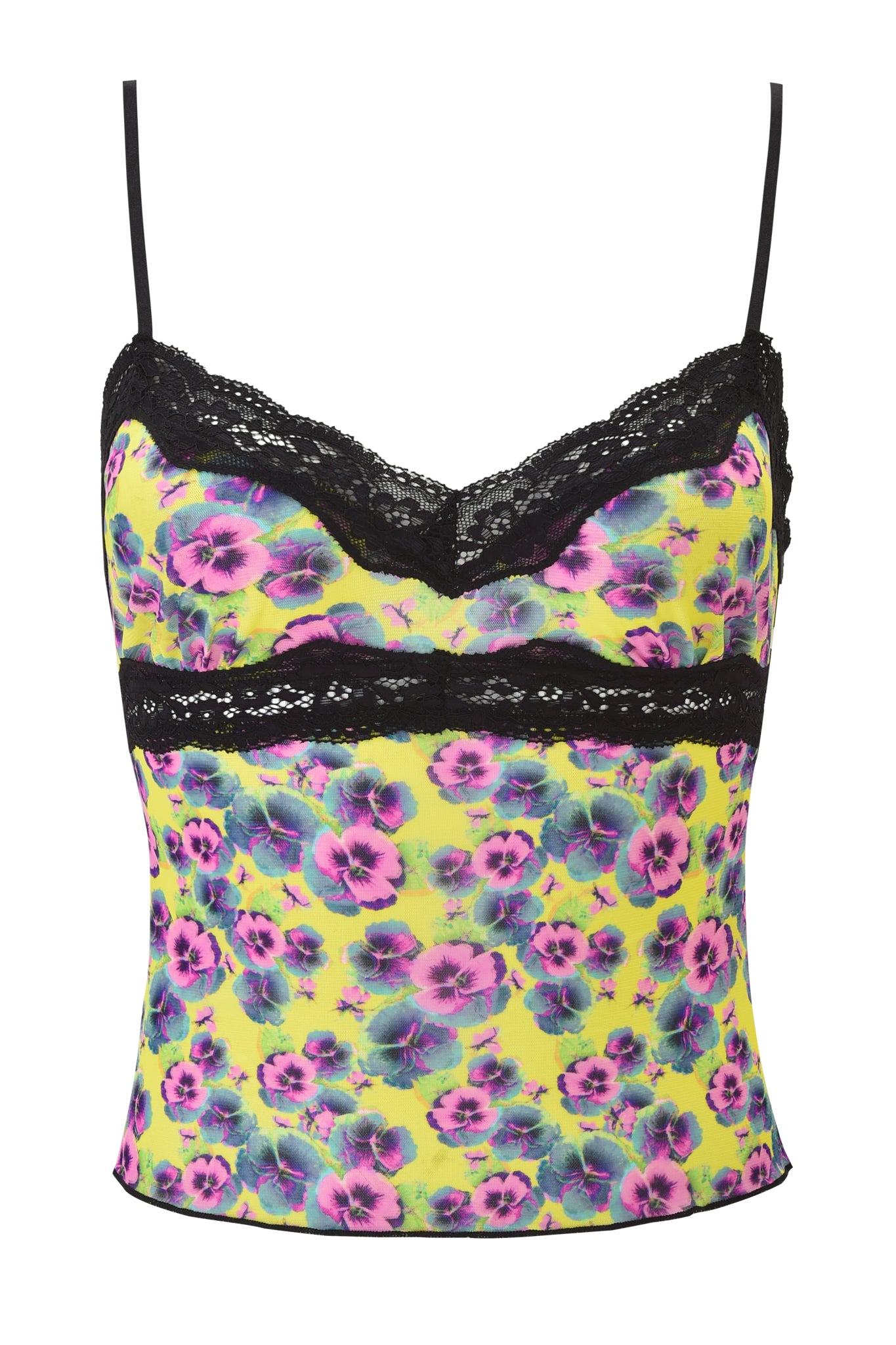 The GRACIE LACE CAMI - SASSY PANSY by I.AM.GIA features thin black straps, a neon pink and blue floral print on a yellow mesh background, and delicate black lace along the neckline and under the bust.