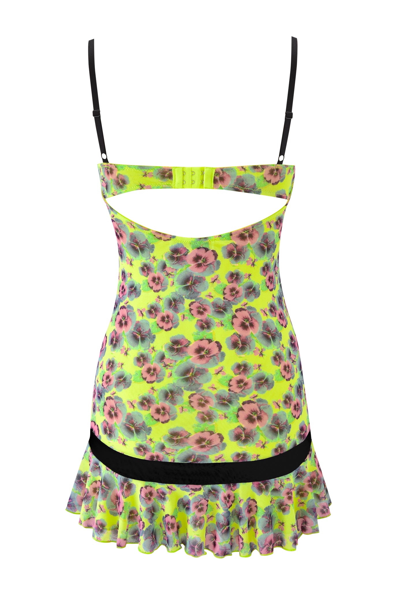 The SUZIE MESH AND LACE MINI DRESS - SASSY PANSY by I.AM.GIA features a vibrant yellow base, purple and green floral mesh, black adjustable straps and waistband, cutout back, and ruffled hem. Displayed on a white background.