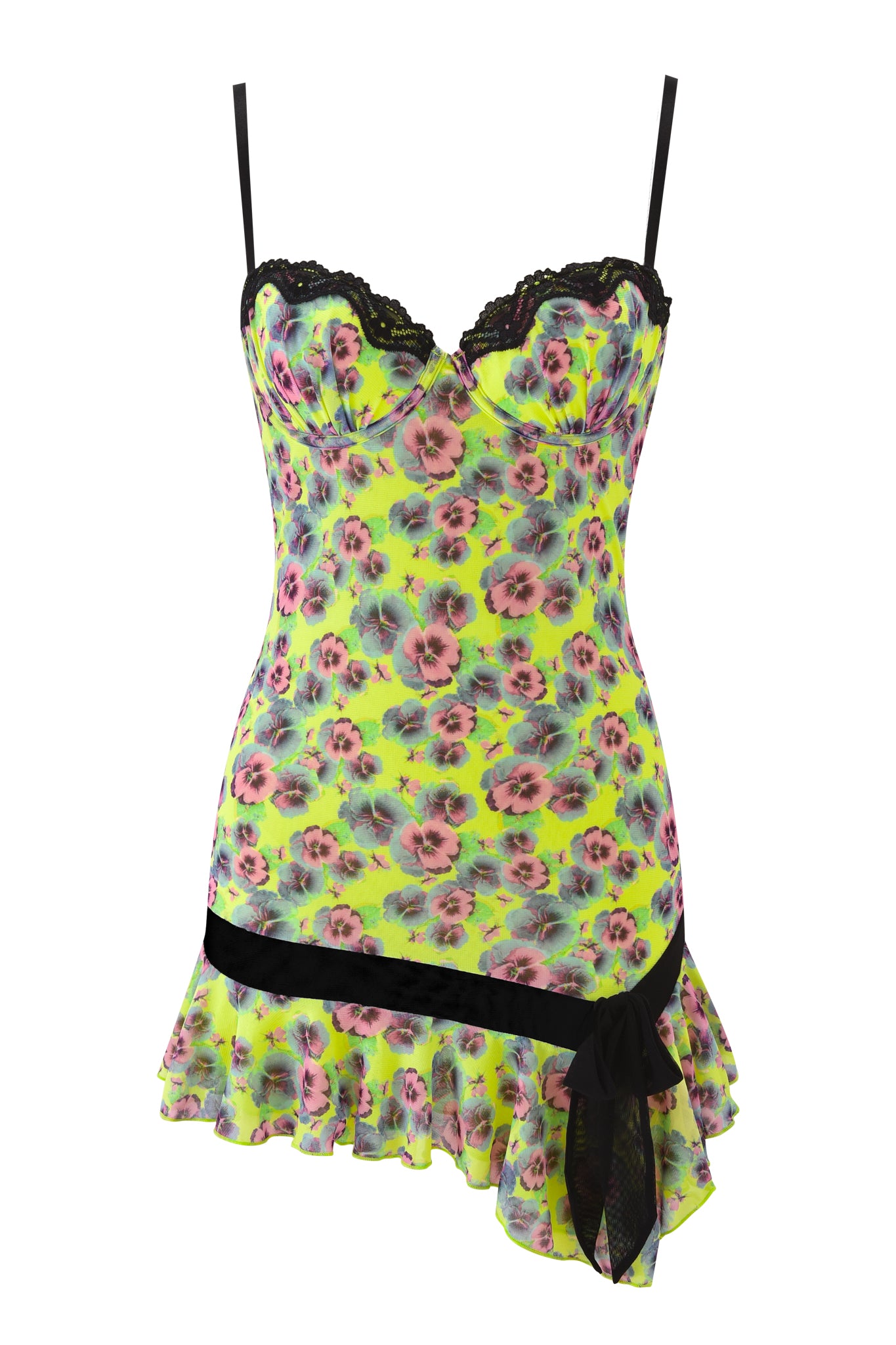 The SUZIE MESH AND LACE MINI DRESS - SASSY PANSY by I.AM.GIA features neon yellow mesh with pink and purple florals, thin black straps, black lace neckline trim, a ruffled asymmetrical hem, and a side black bow.