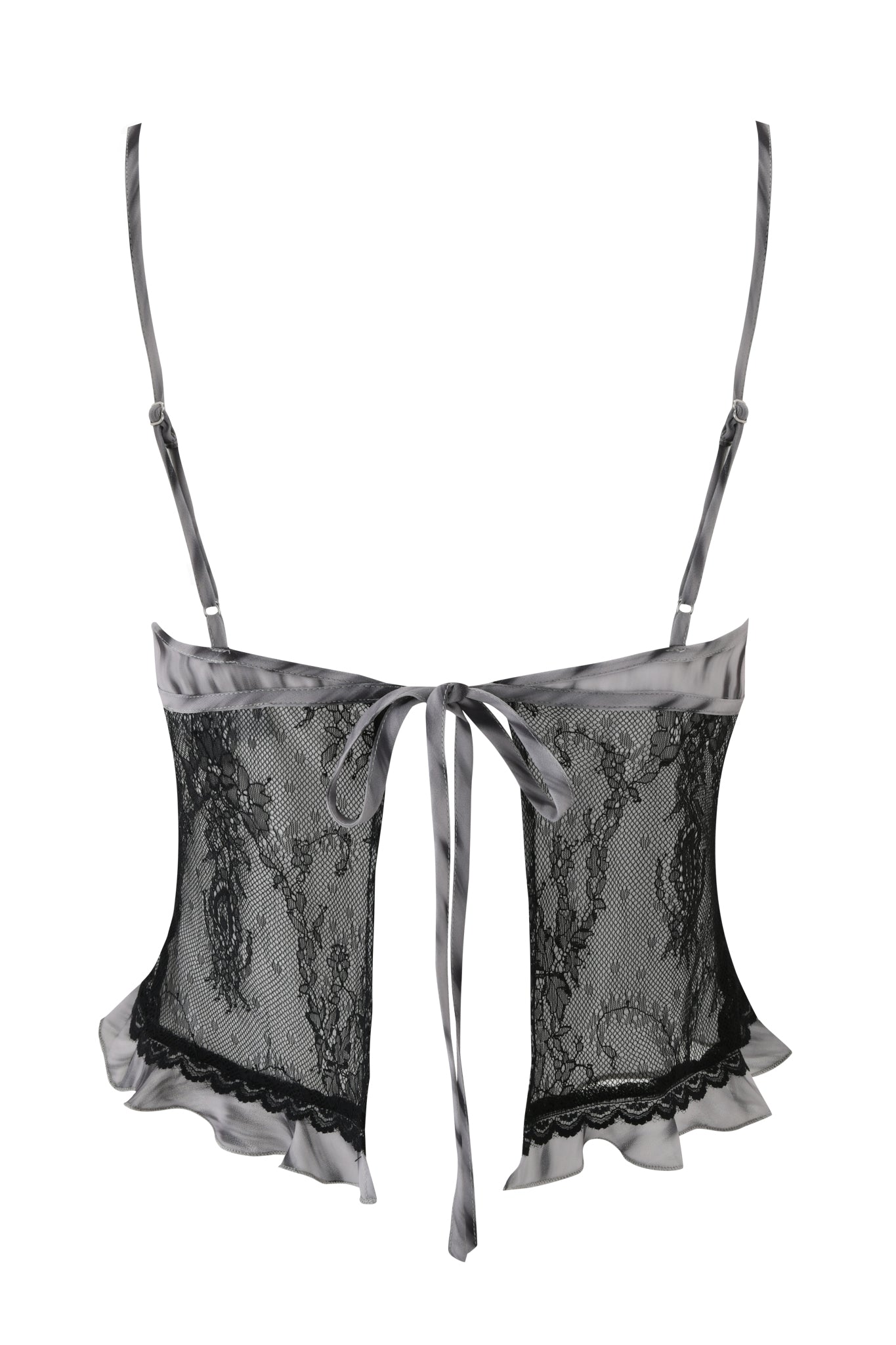 Back view of the COLETTE LACE PANEL CAMI TOP by I.AM.GIA in black, featuring adjustable spaghetti straps, a satin bow tie closure at the center, and ruffled satin trim along the hem.