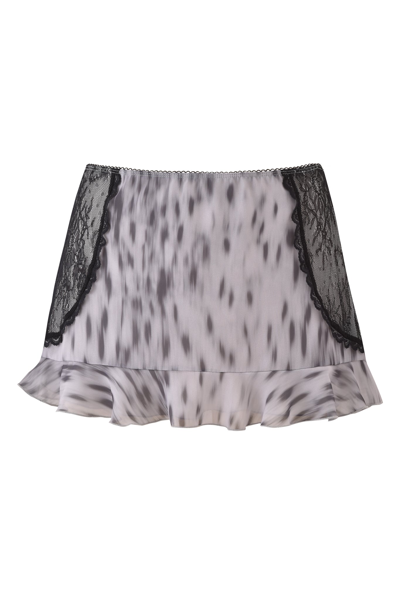 The COLETTE LACE PANEL MINI SKIRT by I.AM.GIA is a sheer, low-rise mini skirt with a black and white leopard-inspired print, black lace side panels, and a ruffled hem.